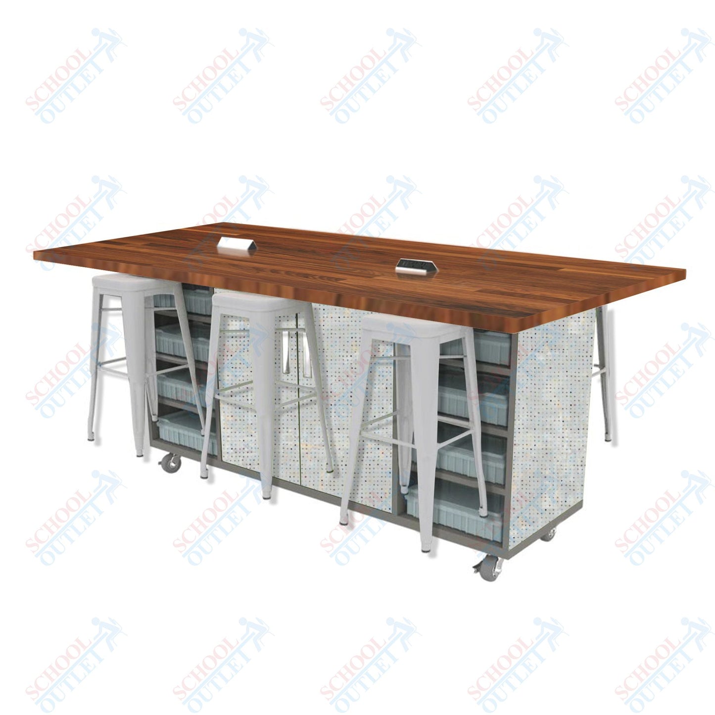 CEF ED Double Table 42"H Butcher Block Top, Laminate Base with  6 Stools, Storage bins, and Electrical Outlets Included.