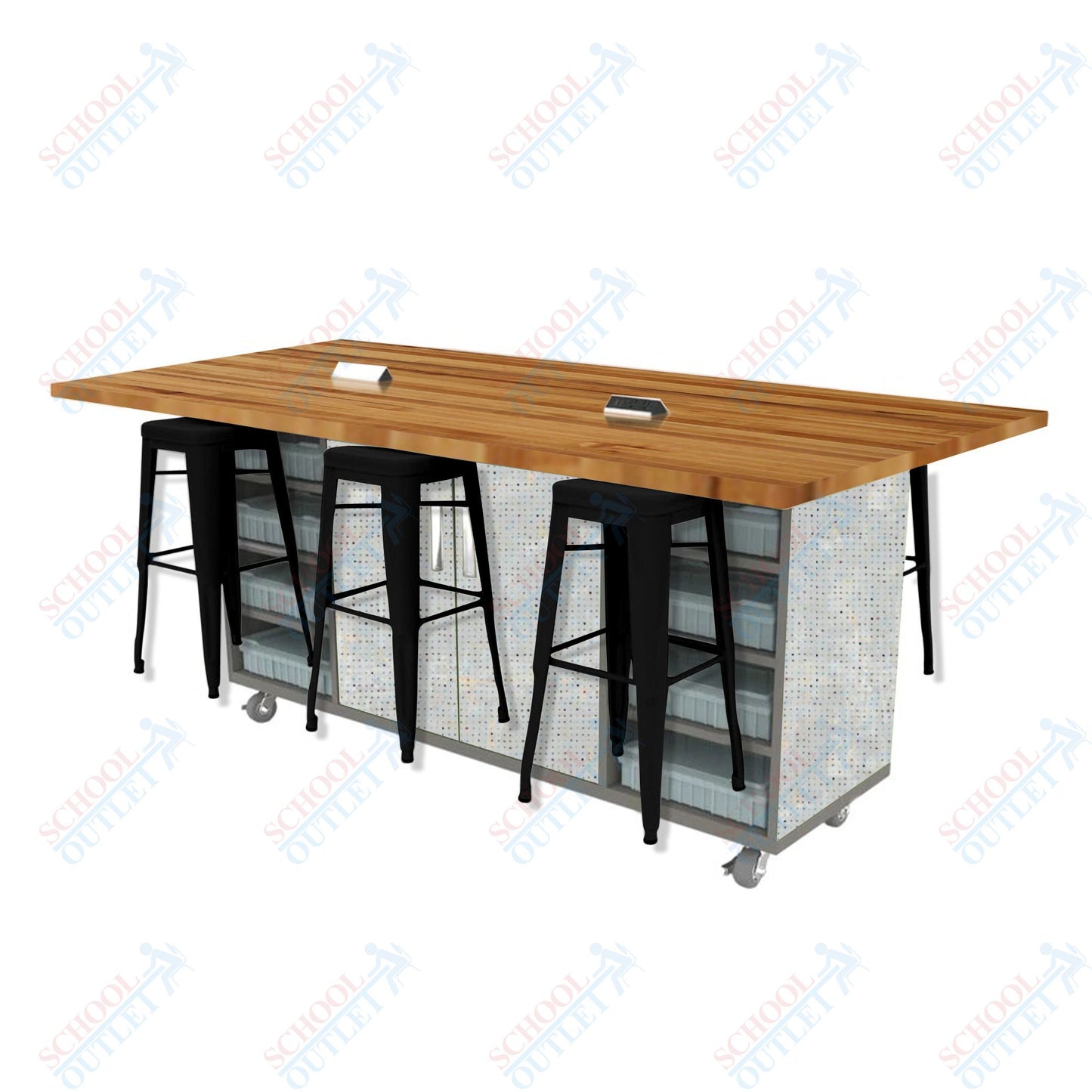 CEF ED Double Table 42"H Butcher Block Top, Laminate Base with  6 Stools, Storage bins, and Electrical Outlets Included.