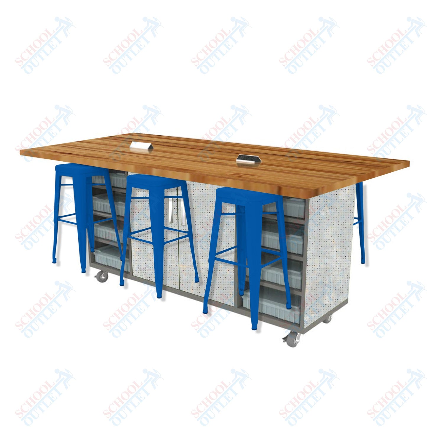 CEF ED Double Table 42"H Butcher Block Top, Laminate Base with  6 Stools, Storage bins, and Electrical Outlets Included.