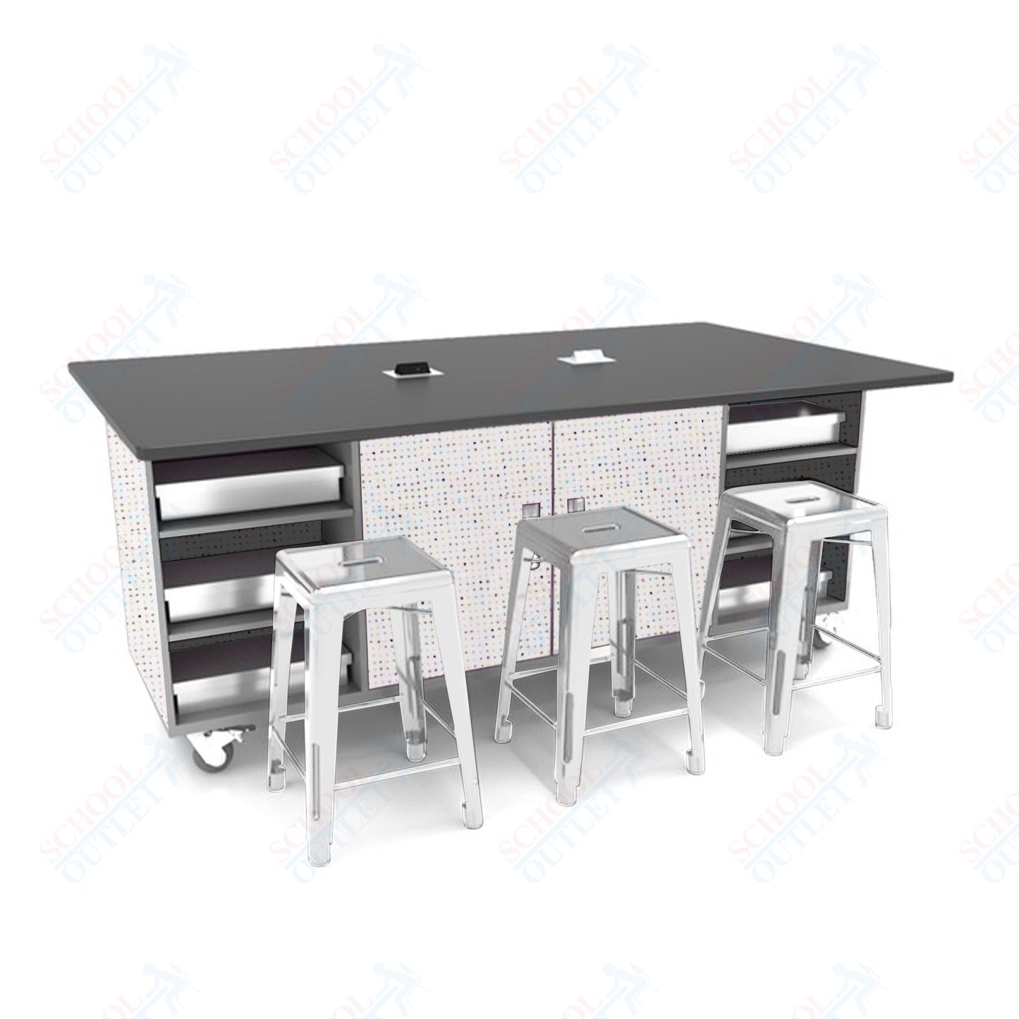 CEF ED Double Table 42"H Tough Top, Laminate Base with  6 Stools, Storage bins, and Electrical Outlets Included.