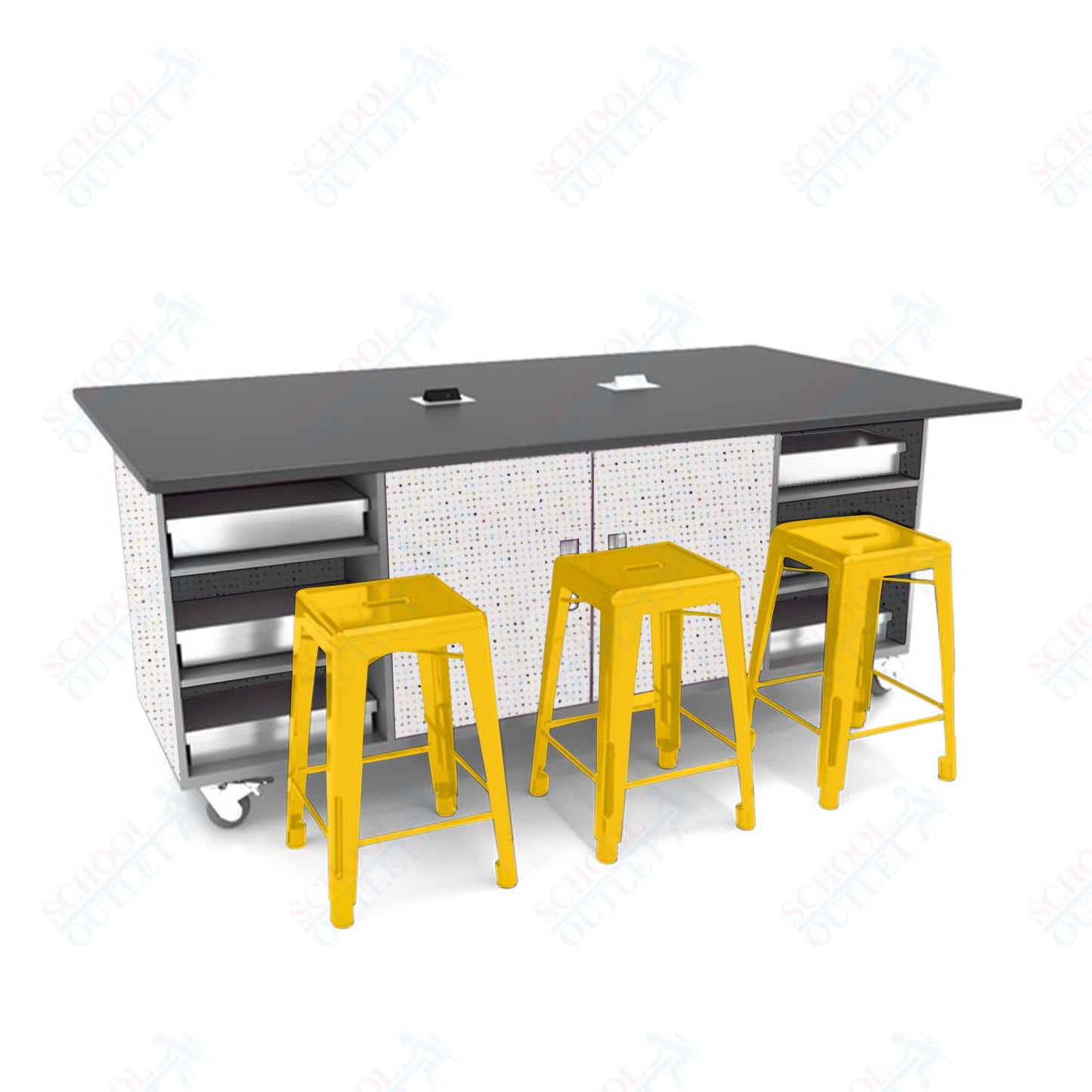 CEF ED Double Table 42"H Tough Top, Laminate Base with  6 Stools, Storage bins, and Electrical Outlets Included.