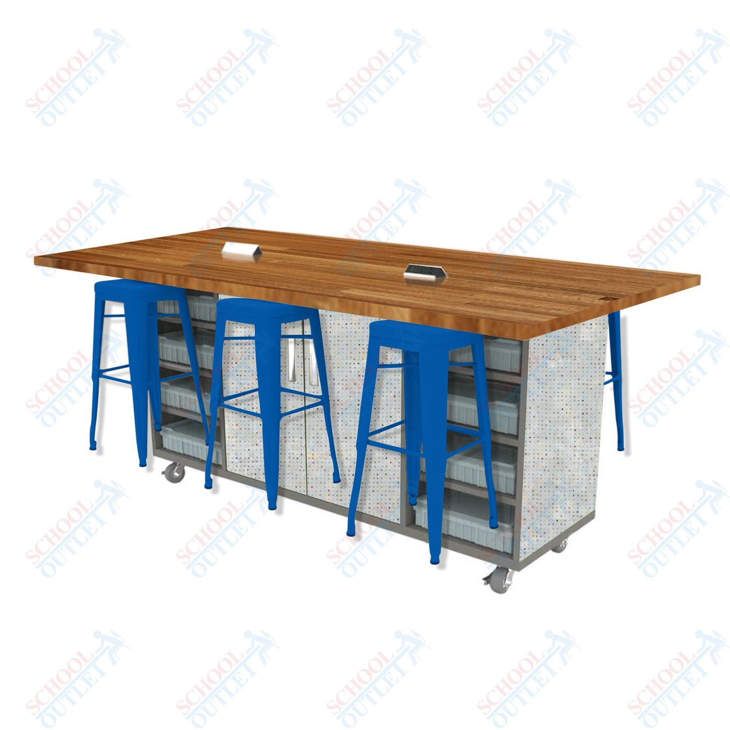 CEF ED Double Table 42"H Butcher Block Top, Laminate Base with  6 Stools, Storage bins, and Electrical Outlets Included.