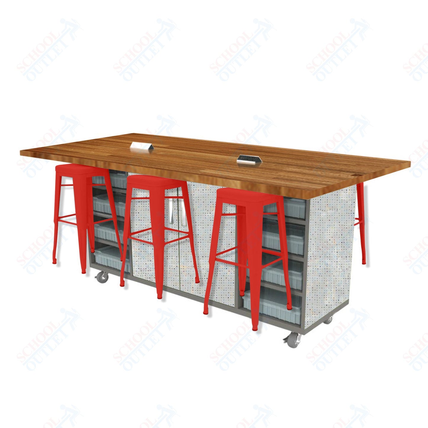 CEF ED Double Table 42"H Butcher Block Top, Laminate Base with  6 Stools, Storage bins, and Electrical Outlets Included.