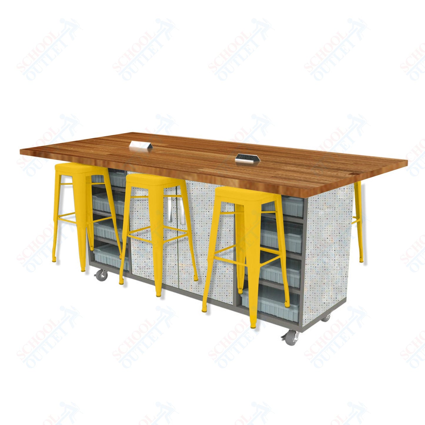 CEF ED Double Table 42"H Butcher Block Top, Laminate Base with  6 Stools, Storage bins, and Electrical Outlets Included.