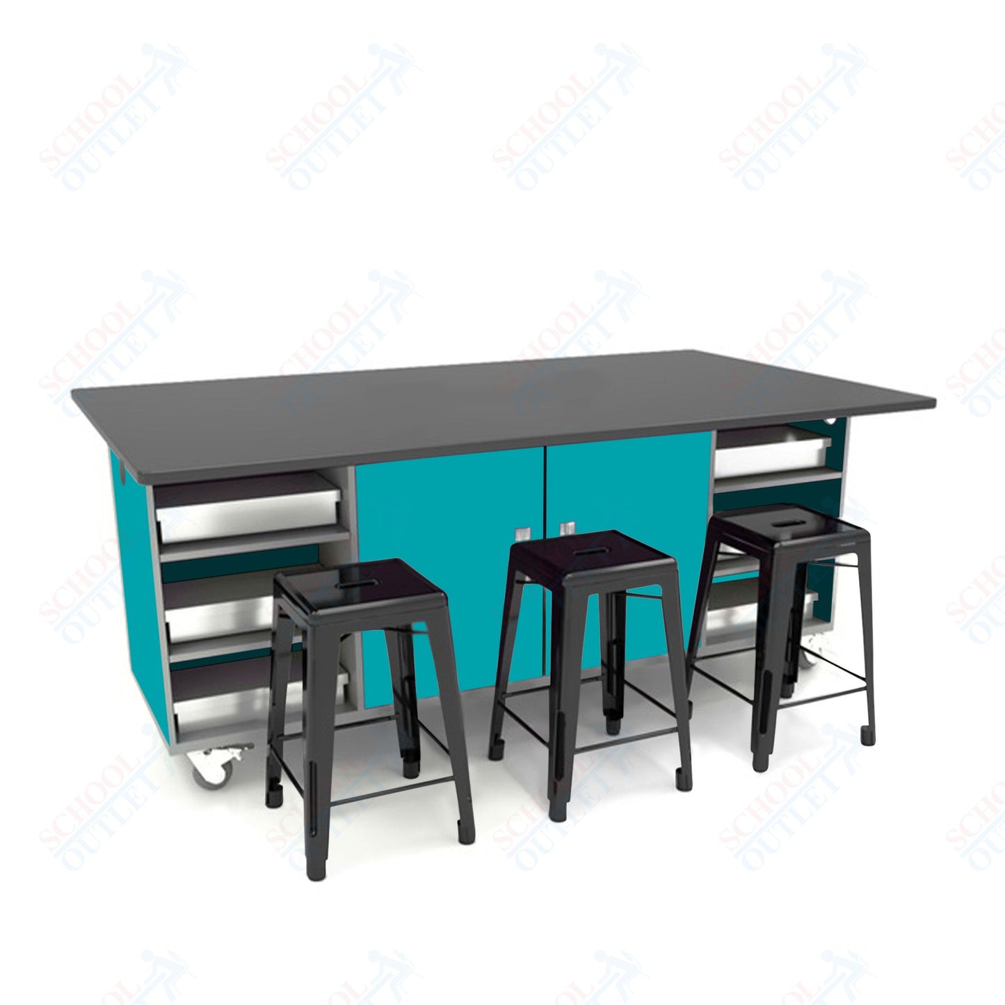 CEF ED Double Table 42"H Chemical Resistant Top, Laminate Base with  6 Stools, Storage bins, and Electrical Outlets Included.