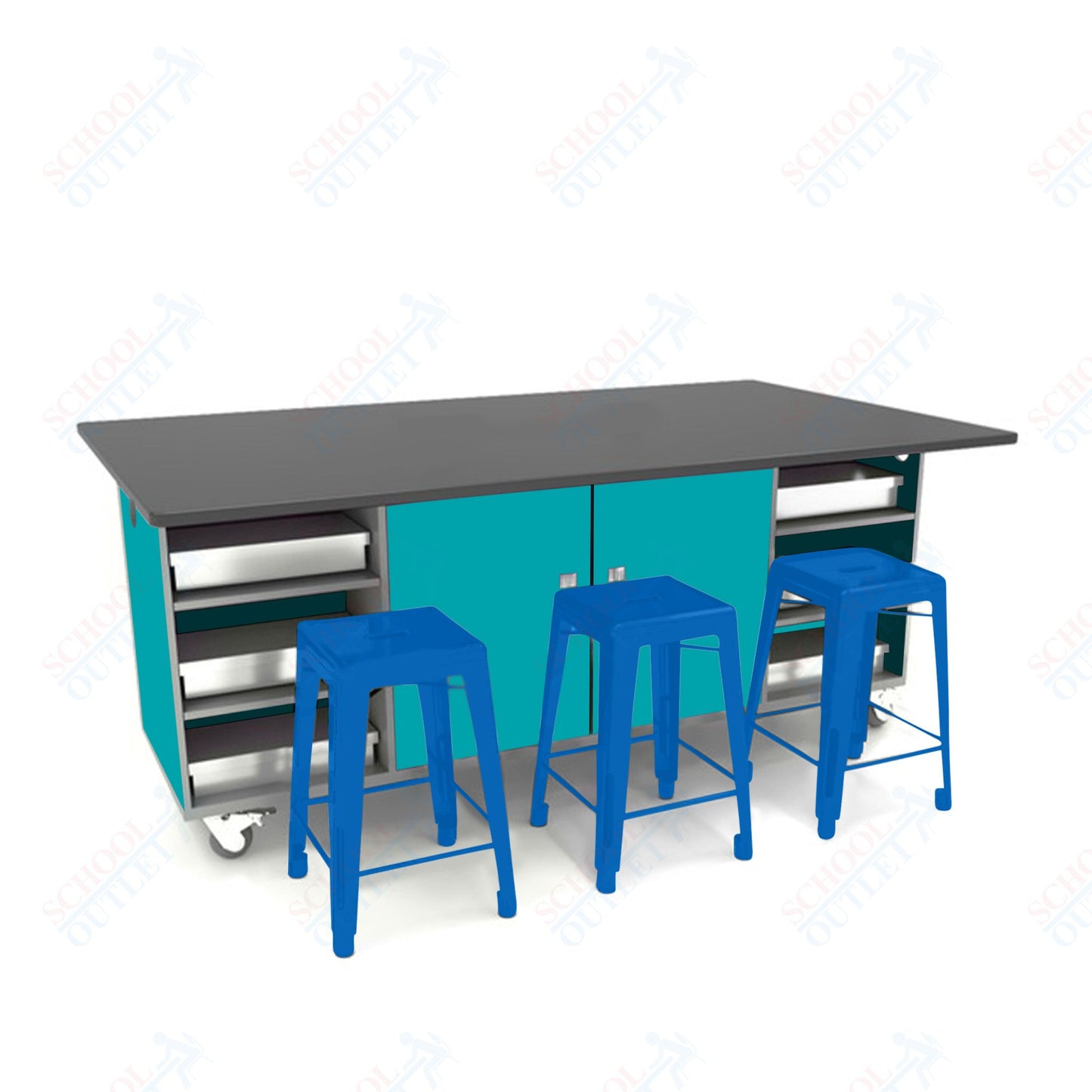 CEF ED Double Table 42"H Chemical Resistant Top, Laminate Base with  6 Stools, Storage bins, and Electrical Outlets Included.