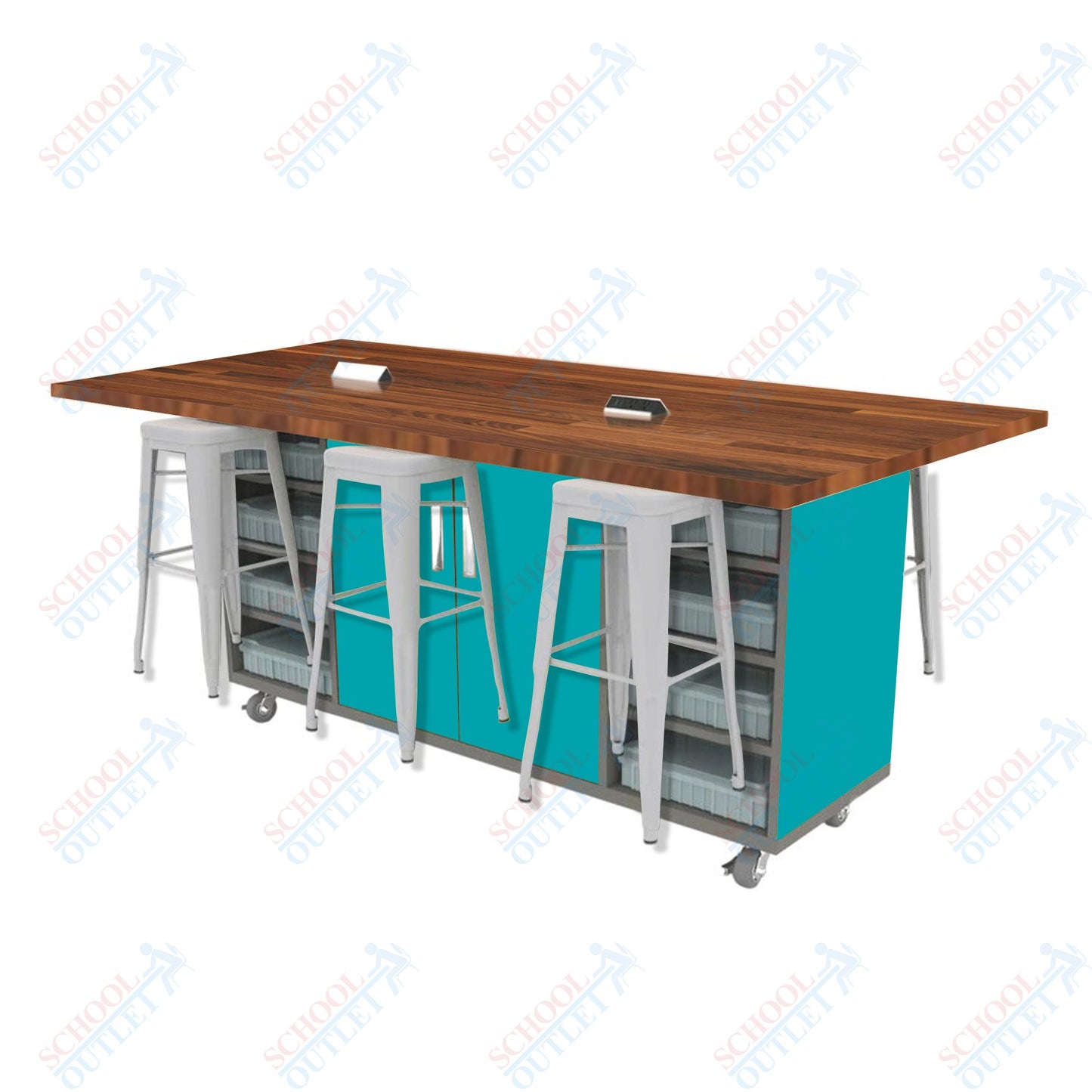 CEF ED Double Table 42"H Butcher Block Top, Laminate Base with  6 Stools, Storage bins, and Electrical Outlets Included.