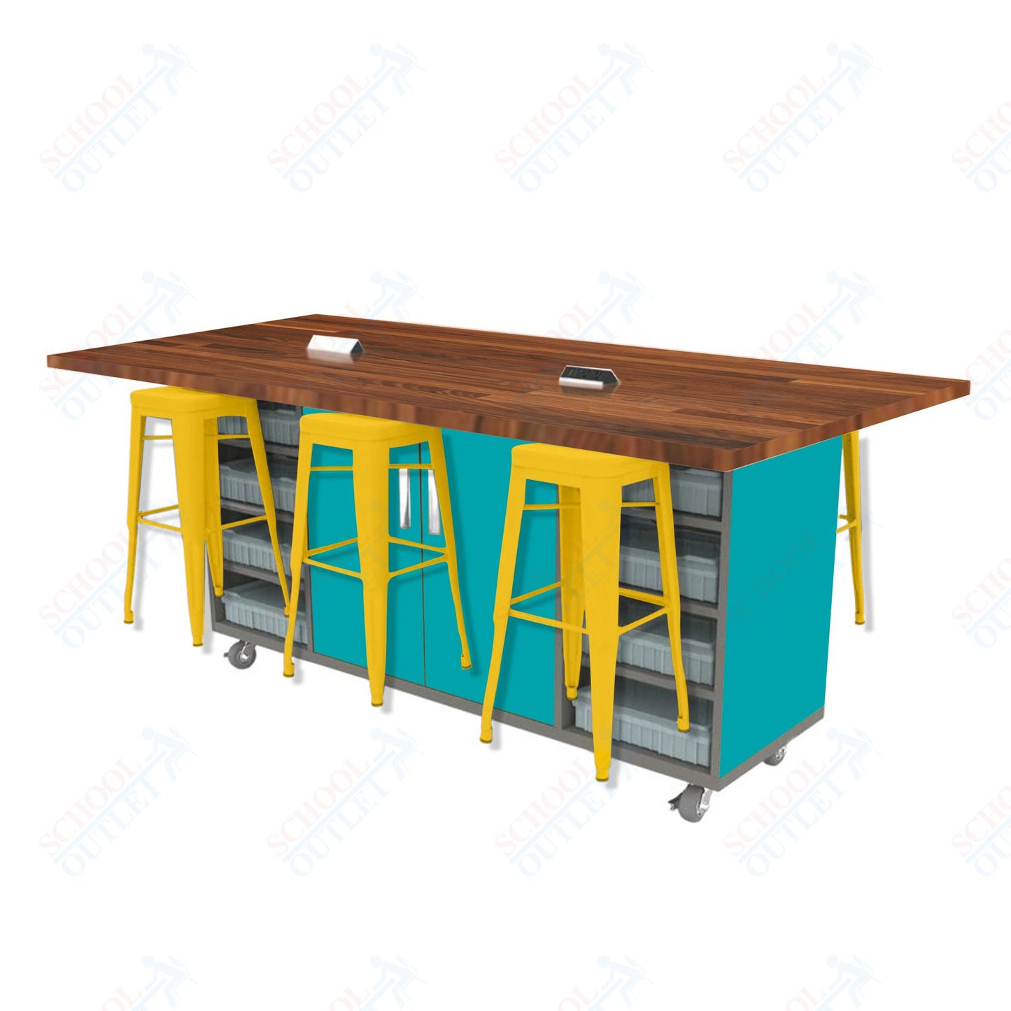 CEF ED Double Table 42"H Butcher Block Top, Laminate Base with  6 Stools, Storage bins, and Electrical Outlets Included.