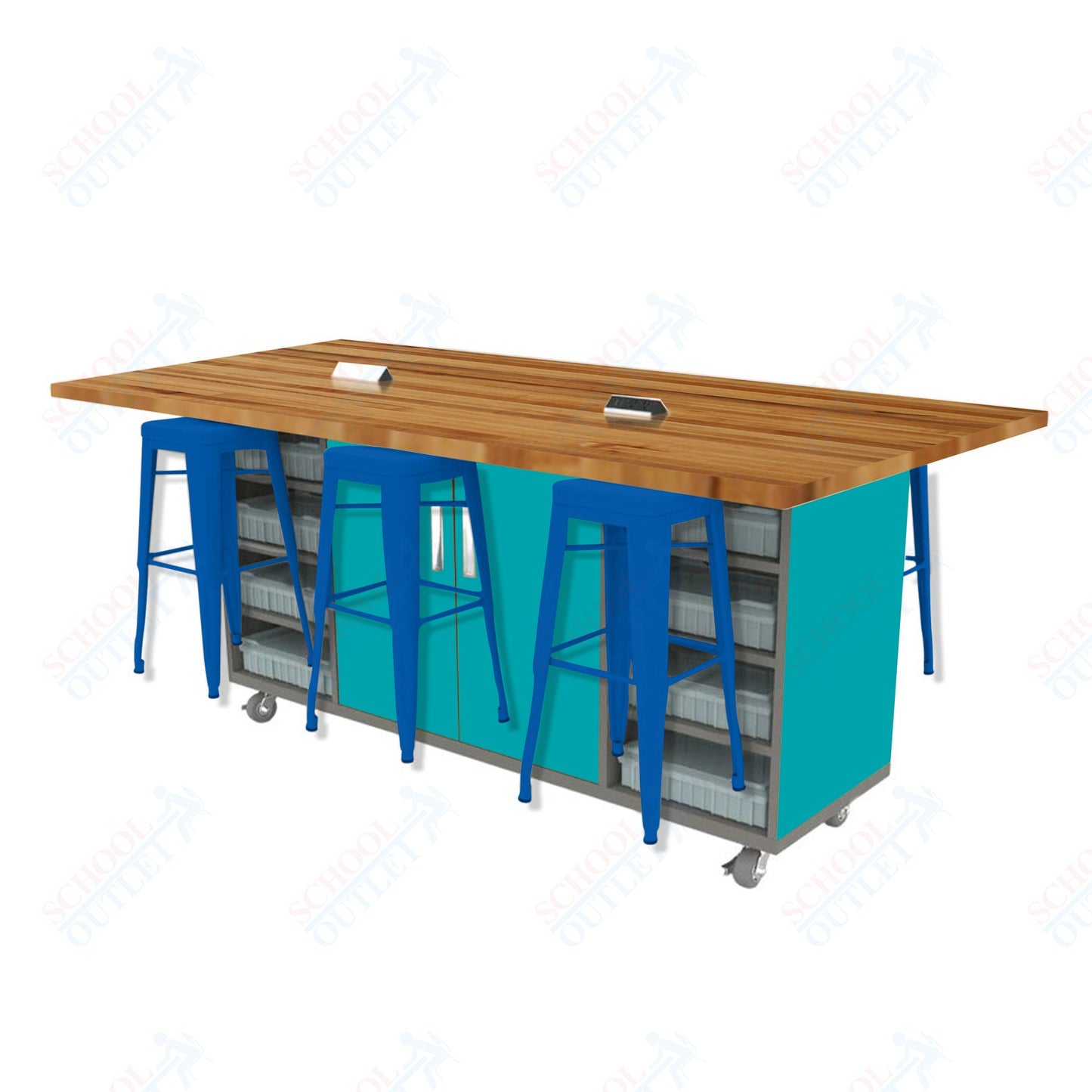 CEF ED Double Table 42"H Butcher Block Top, Laminate Base with  6 Stools, Storage bins, and Electrical Outlets Included.