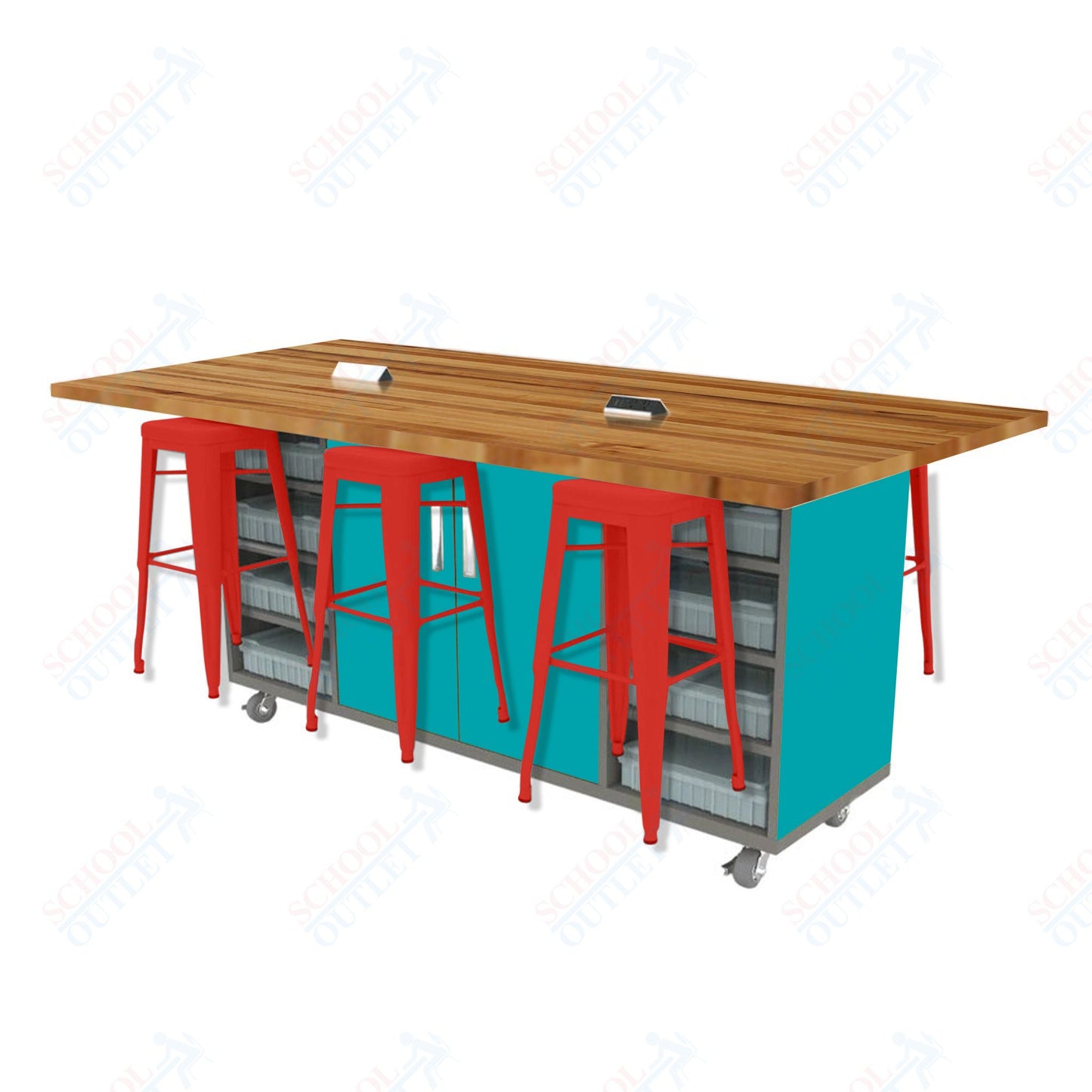 CEF ED Double Table 42"H Butcher Block Top, Laminate Base with  6 Stools, Storage bins, and Electrical Outlets Included.