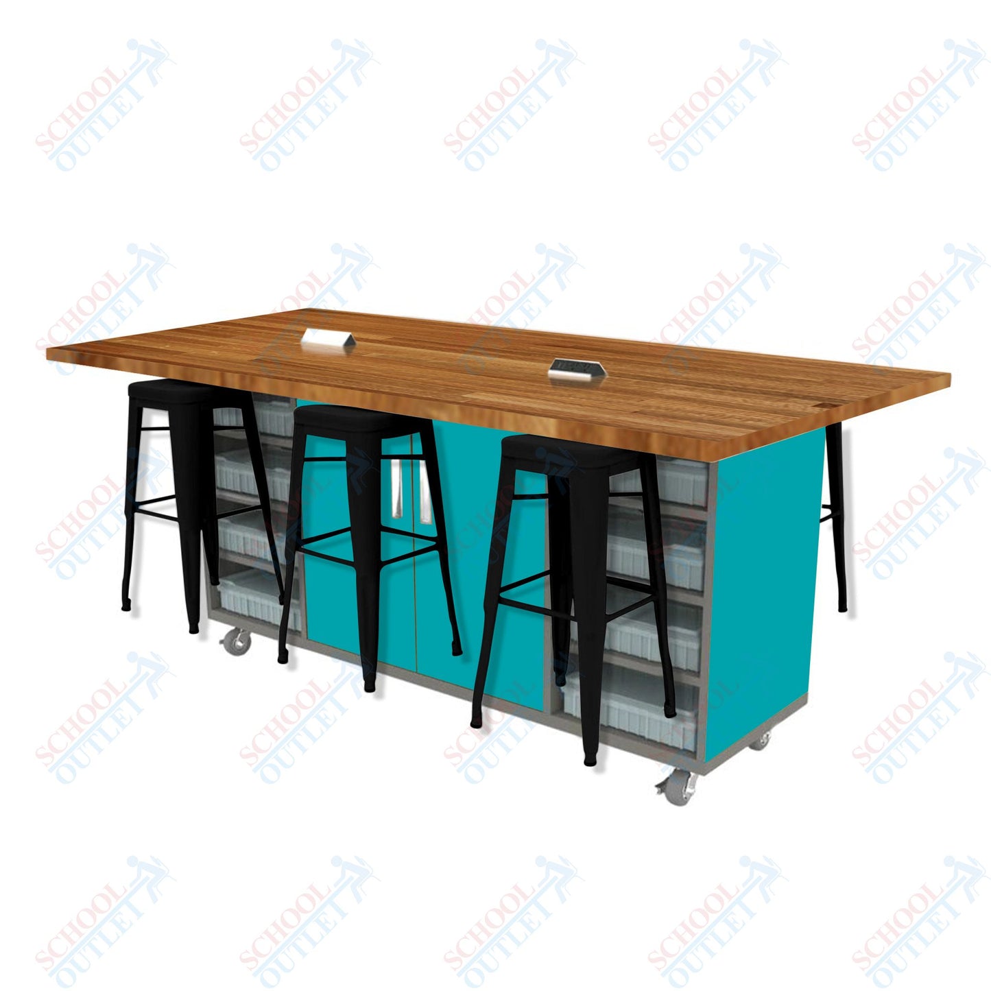 CEF ED Double Table 42"H Butcher Block Top, Laminate Base with  6 Stools, Storage bins, and Electrical Outlets Included.