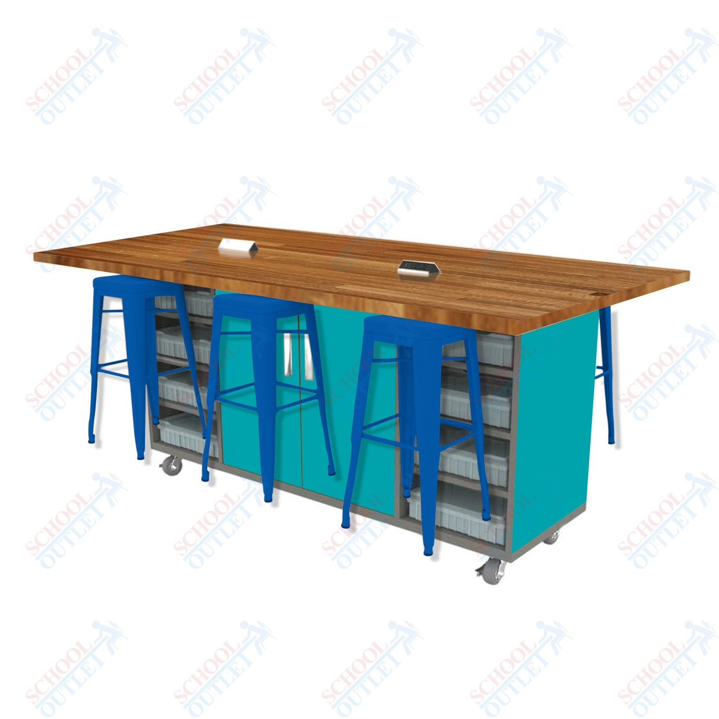 CEF ED Double Table 42"H Butcher Block Top, Laminate Base with  6 Stools, Storage bins, and Electrical Outlets Included.