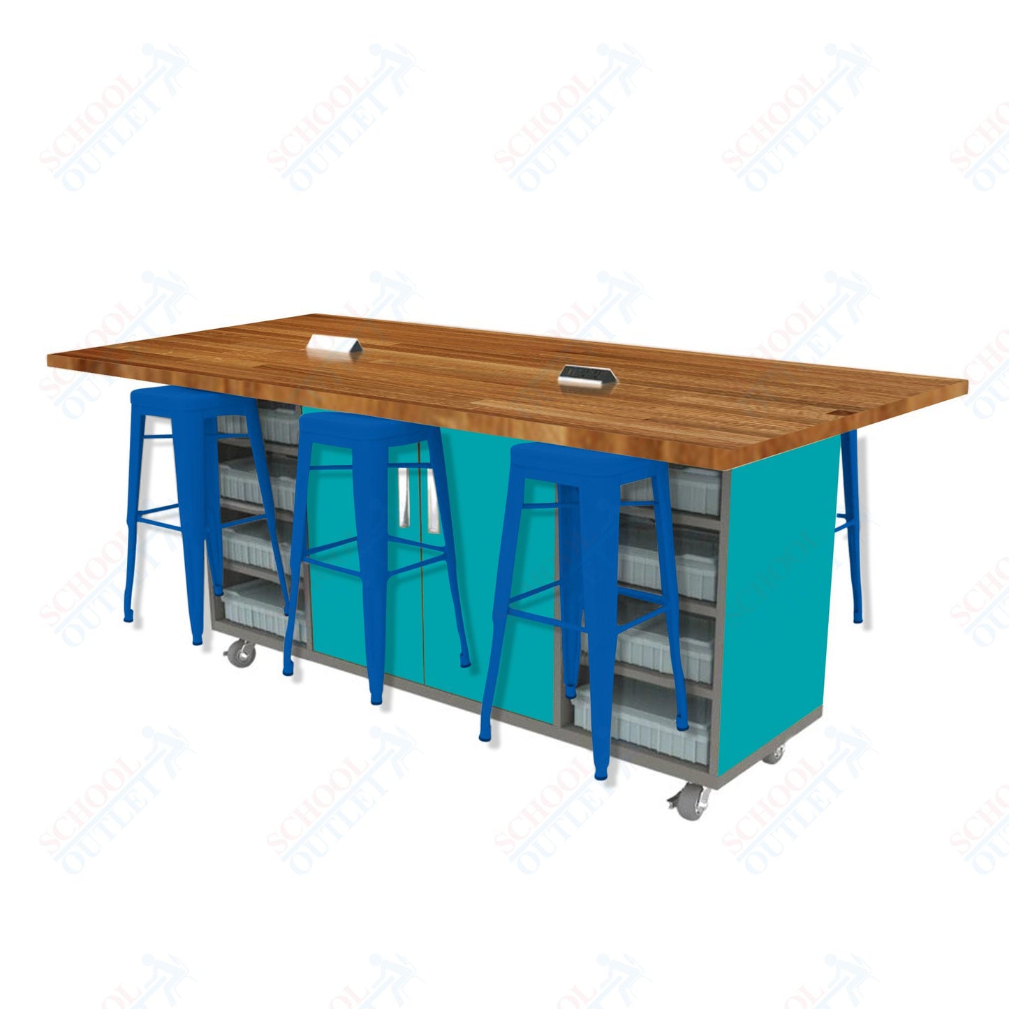 CEF ED Double Table 42"H Butcher Block Top, Laminate Base with  6 Stools, Storage bins, and Electrical Outlets Included.