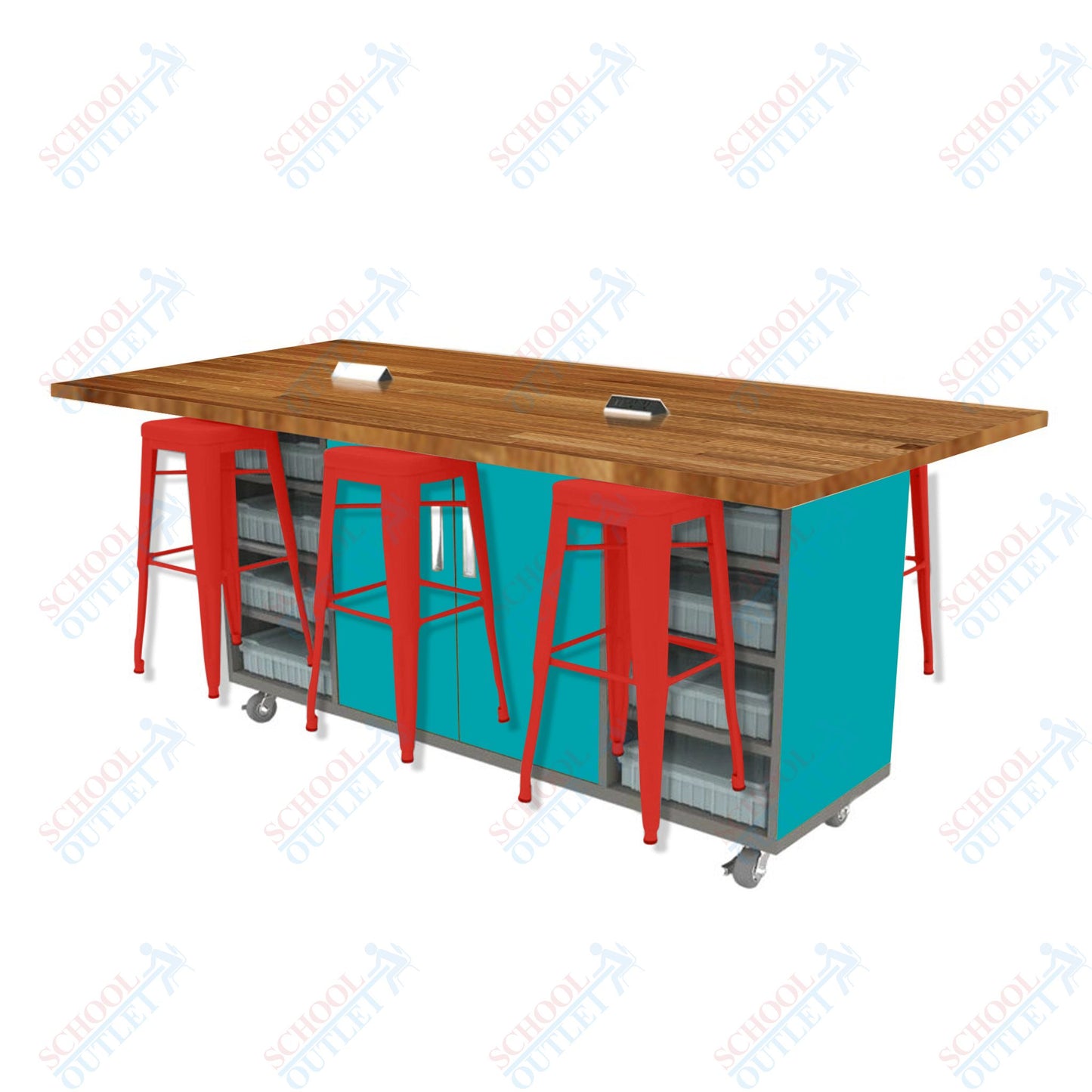 CEF ED Double Table 42"H Butcher Block Top, Laminate Base with  6 Stools, Storage bins, and Electrical Outlets Included.