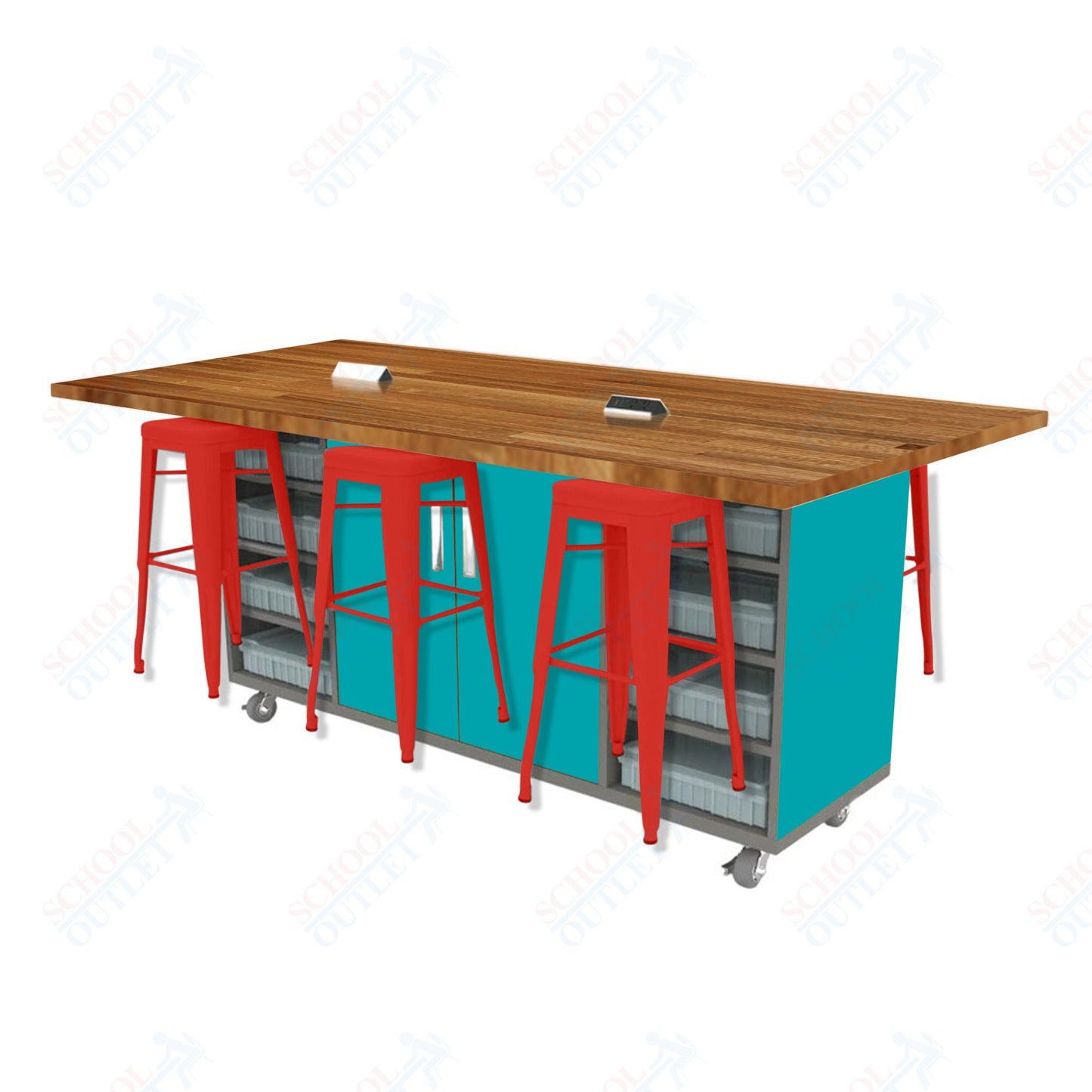 CEF ED Double Table 42"H Butcher Block Top, Laminate Base with  6 Stools, Storage bins, and Electrical Outlets Included.