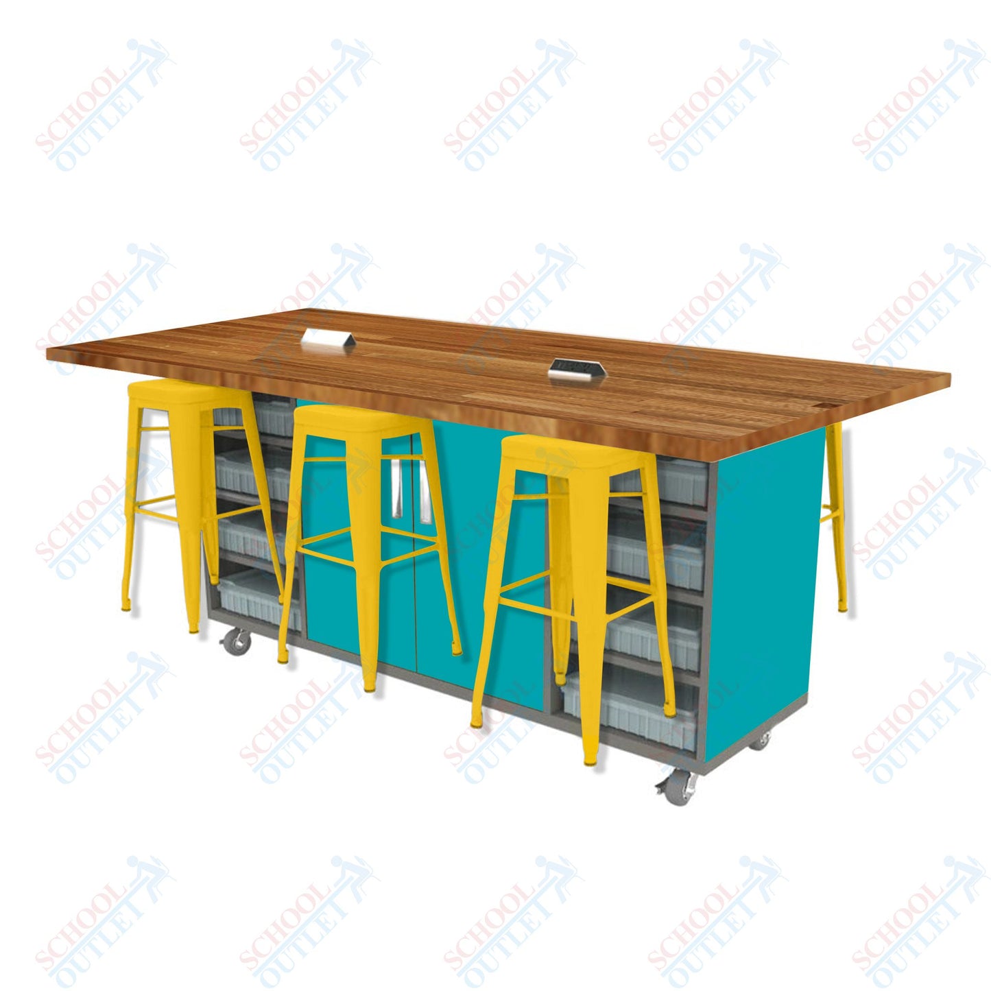 CEF ED Double Table 42"H Butcher Block Top, Laminate Base with  6 Stools, Storage bins, and Electrical Outlets Included.