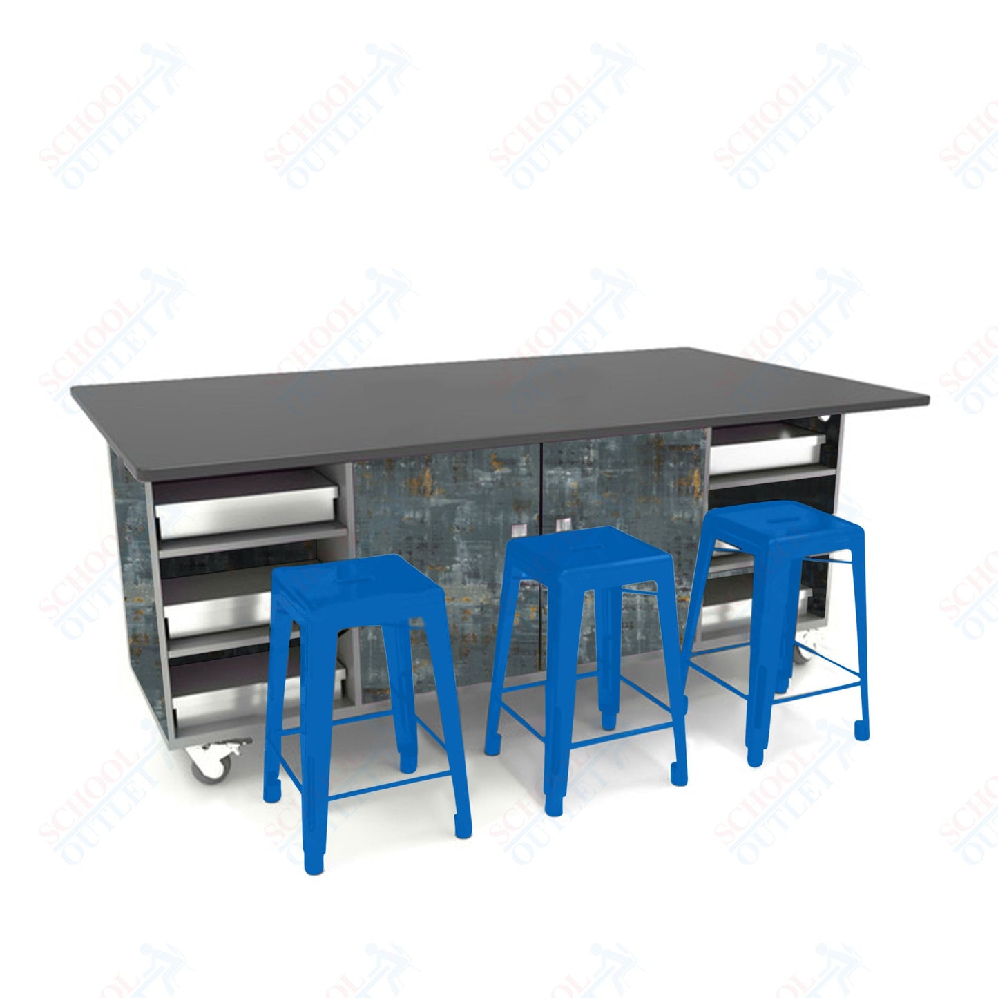 CEF ED Double Table 42"H Chemical Resistant Top, Laminate Base with  6 Stools, Storage bins, and Electrical Outlets Included.