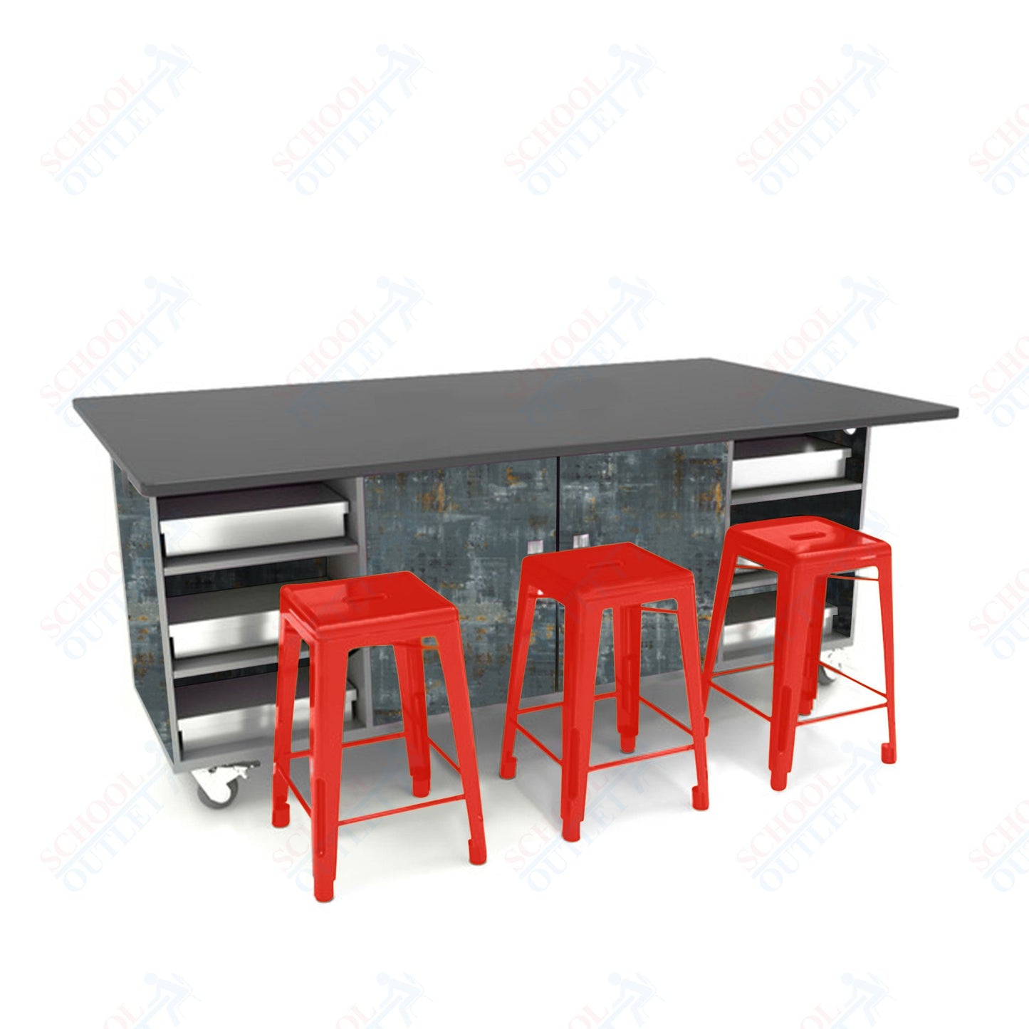 CEF ED Double Table 42"H Chemical Resistant Top, Laminate Base with  6 Stools, Storage bins, and Electrical Outlets Included.