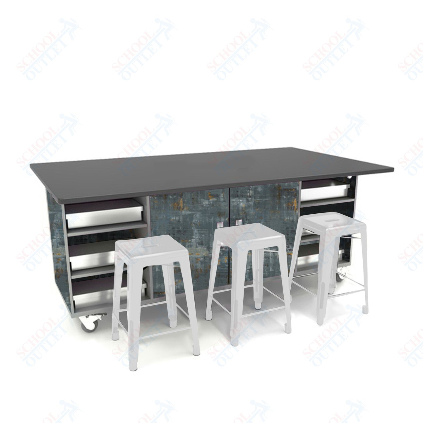 CEF ED Double Table 42"H Chemical Resistant Top, Laminate Base with  6 Stools, Storage bins, and Electrical Outlets Included.