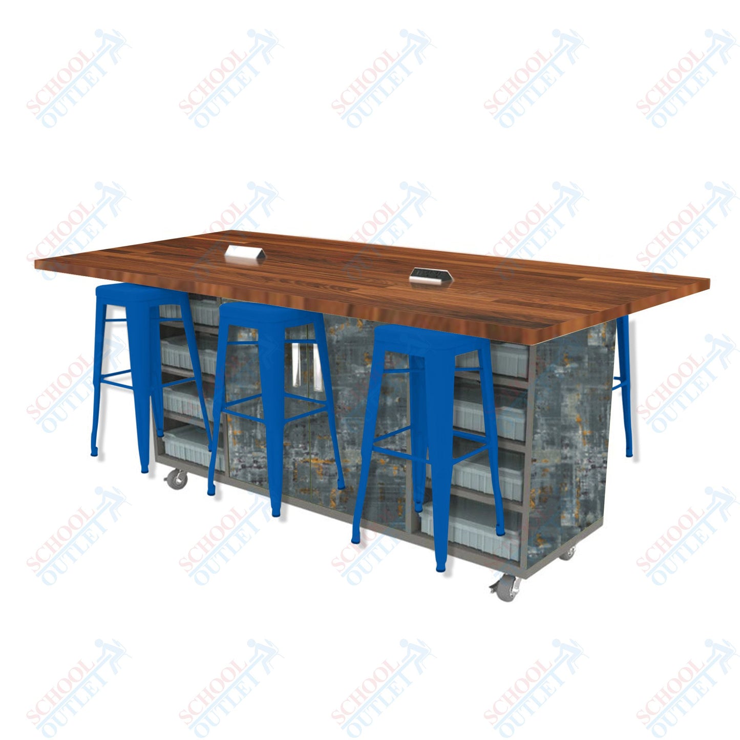 CEF ED Double Table 42"H Butcher Block Top, Laminate Base with  6 Stools, Storage bins, and Electrical Outlets Included.