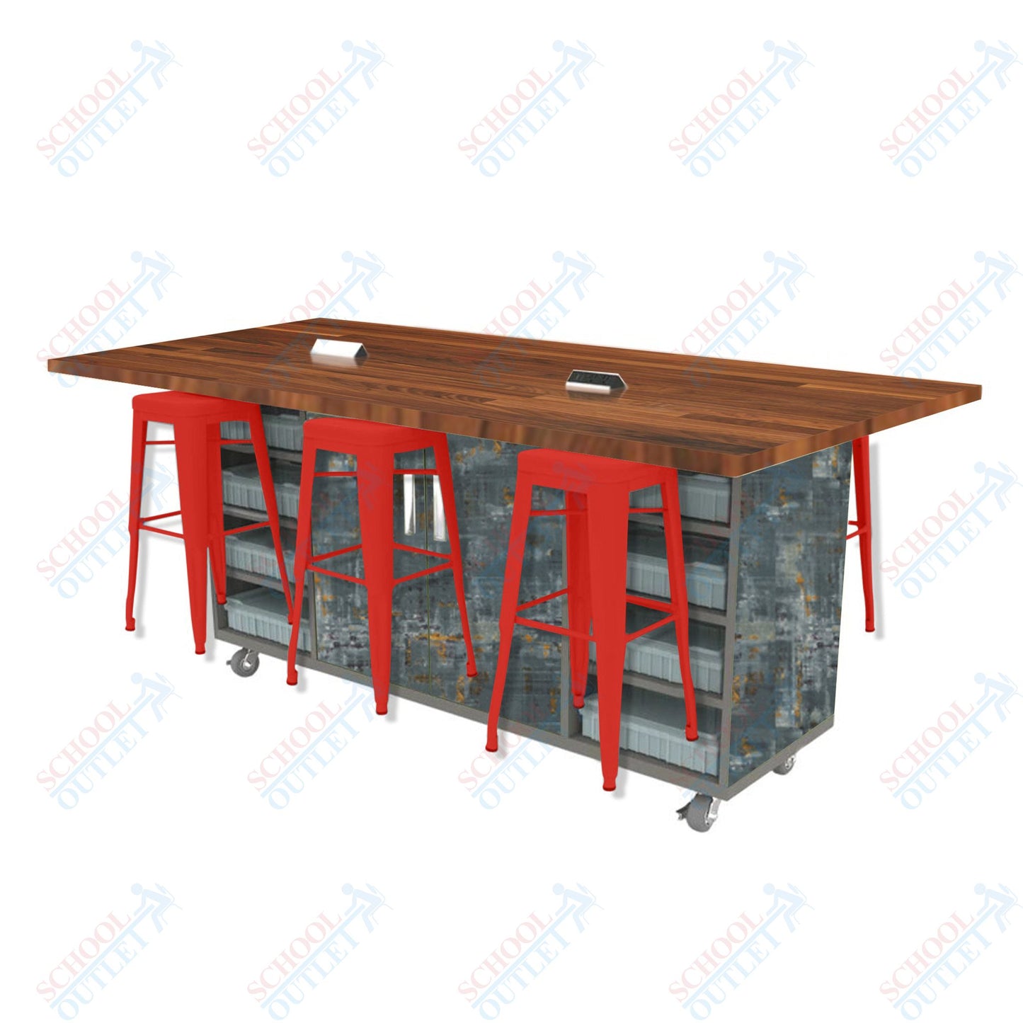 CEF ED Double Table 42"H Butcher Block Top, Laminate Base with  6 Stools, Storage bins, and Electrical Outlets Included.