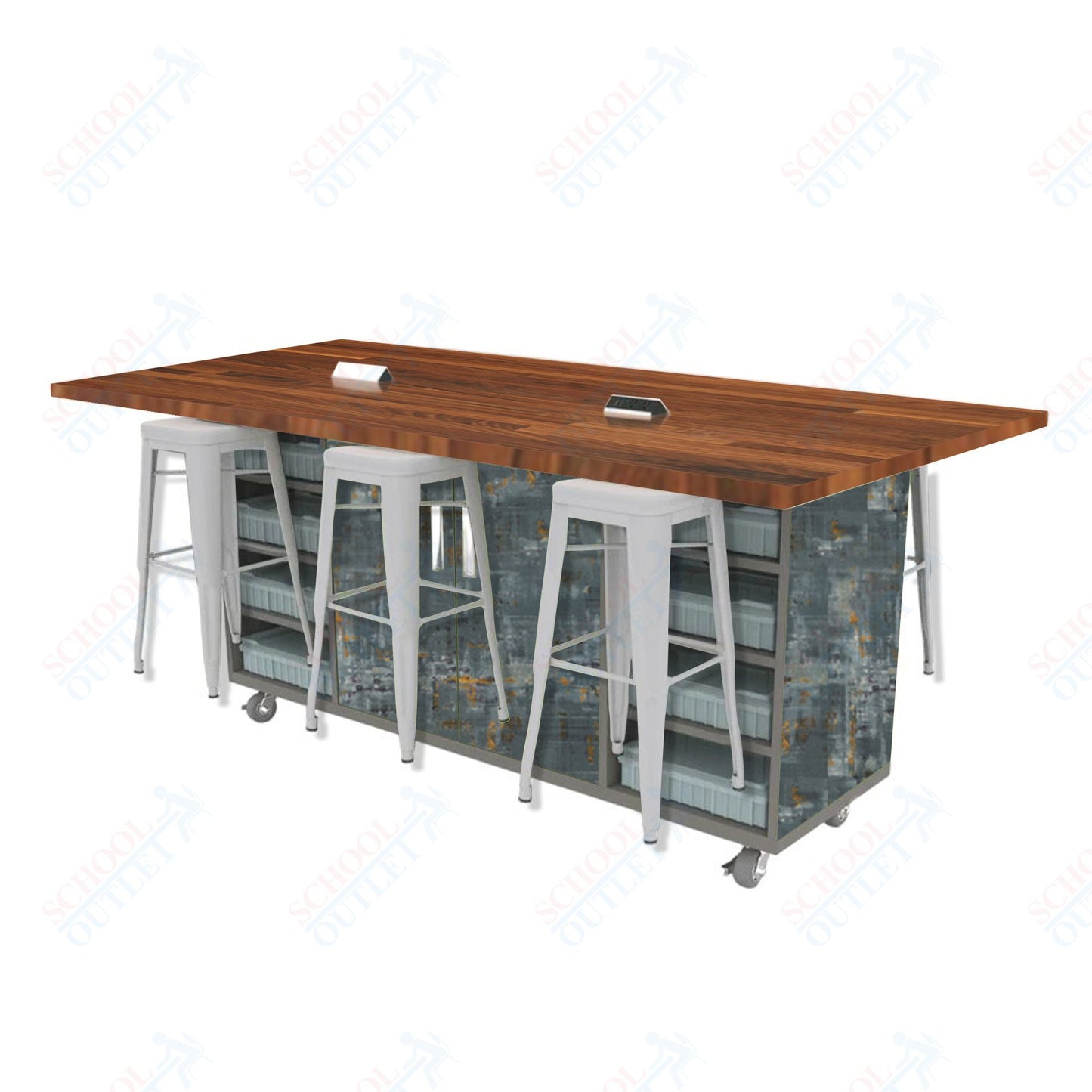 CEF ED Double Table 42"H Butcher Block Top, Laminate Base with  6 Stools, Storage bins, and Electrical Outlets Included.