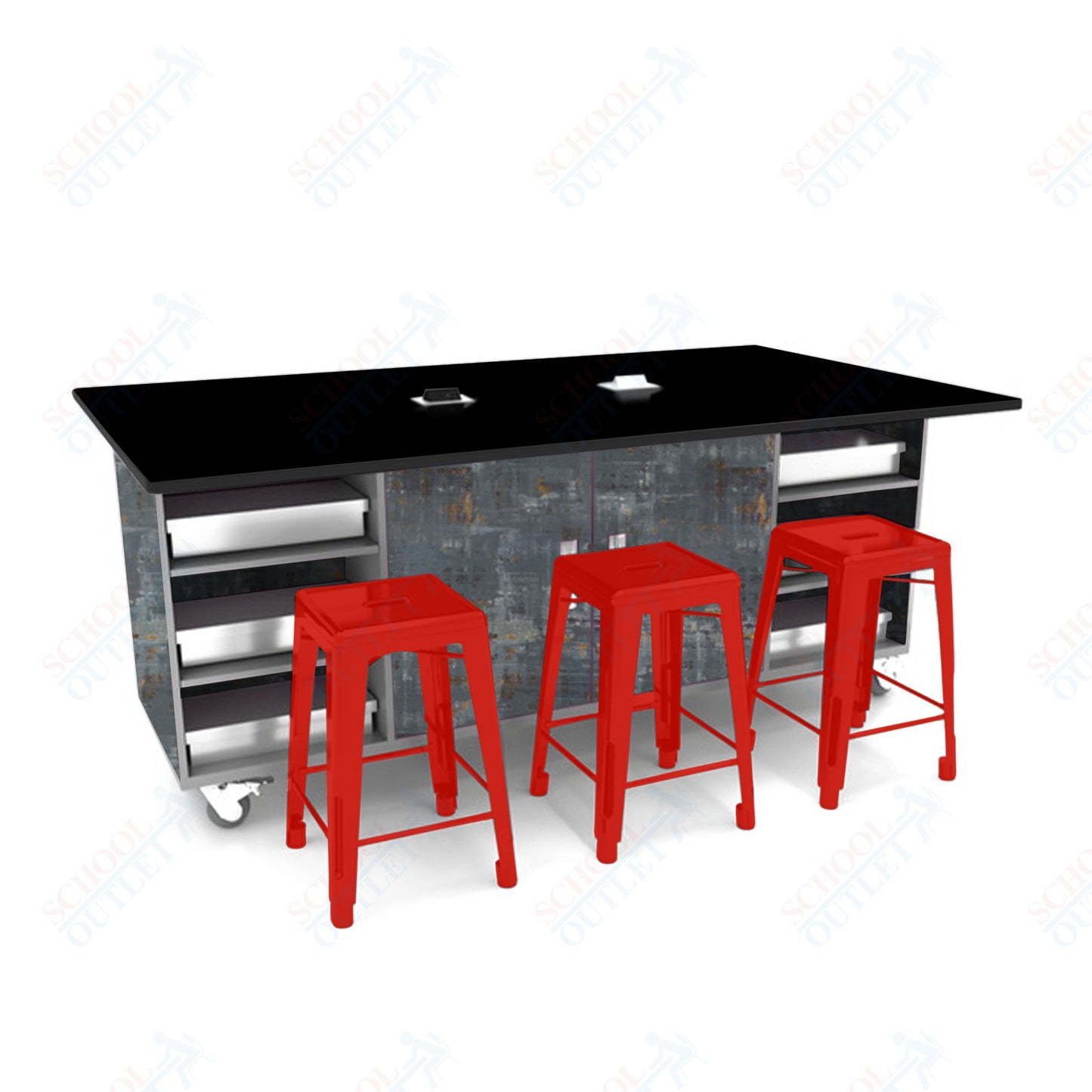 CEF ED Double Table 42"H Tough Top, Laminate Base with  6 Stools, Storage bins, and Electrical Outlets Included.