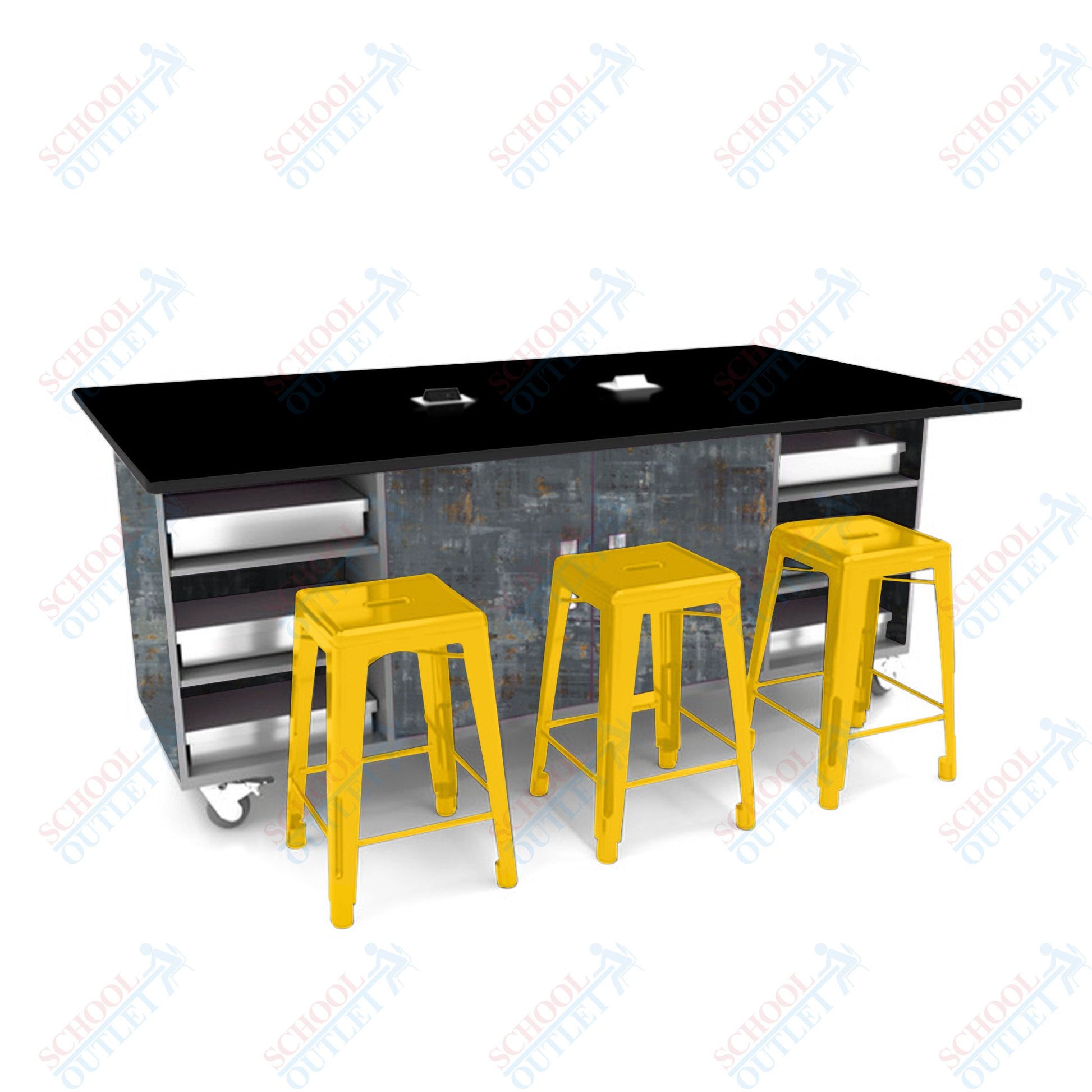 CEF ED Double Table 42"H Tough Top, Laminate Base with 6 Stools, Storage bins, and Electrical Outlets Included. - SchoolOutlet