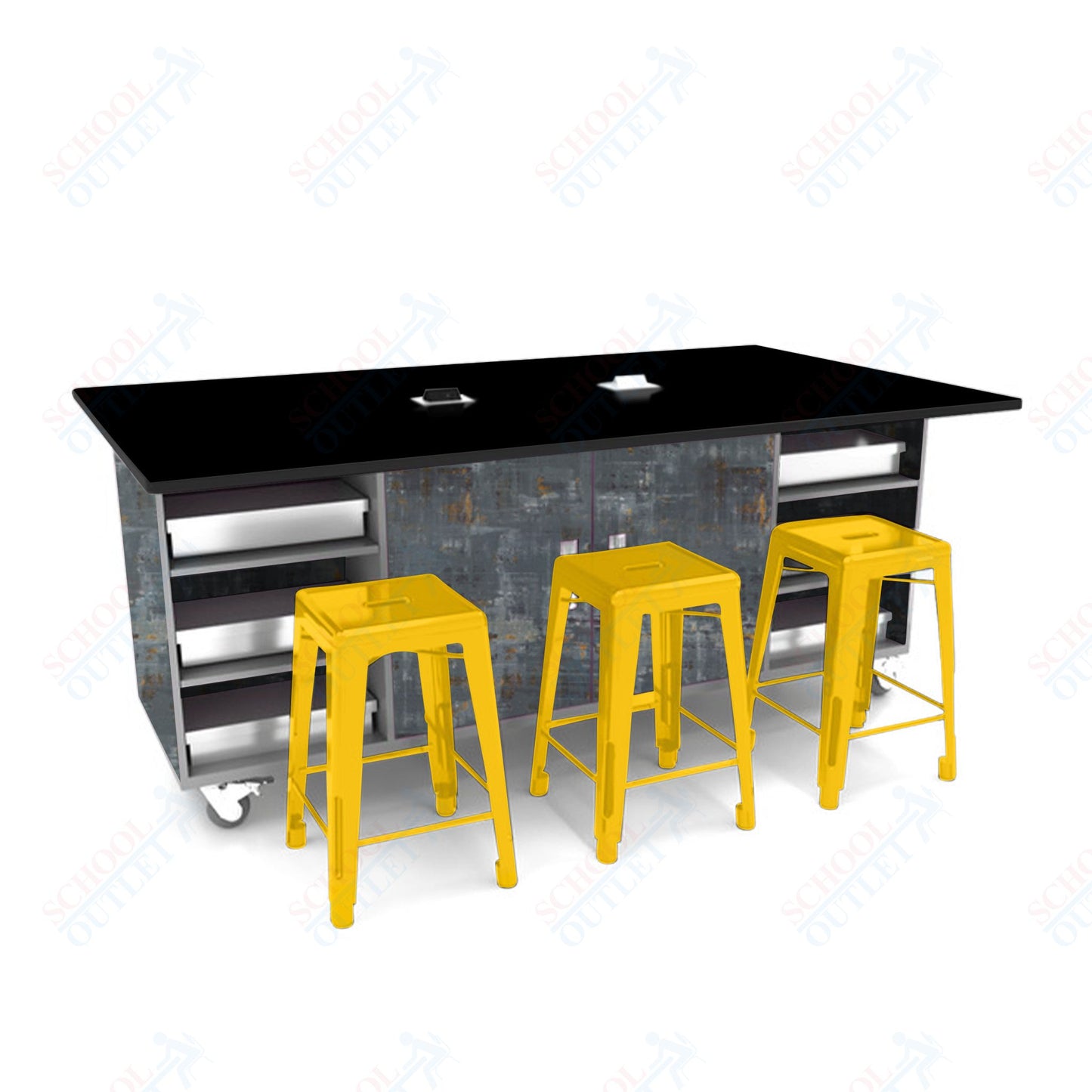 CEF ED Double Table 42"H Tough Top, Laminate Base with  6 Stools, Storage bins, and Electrical Outlets Included.