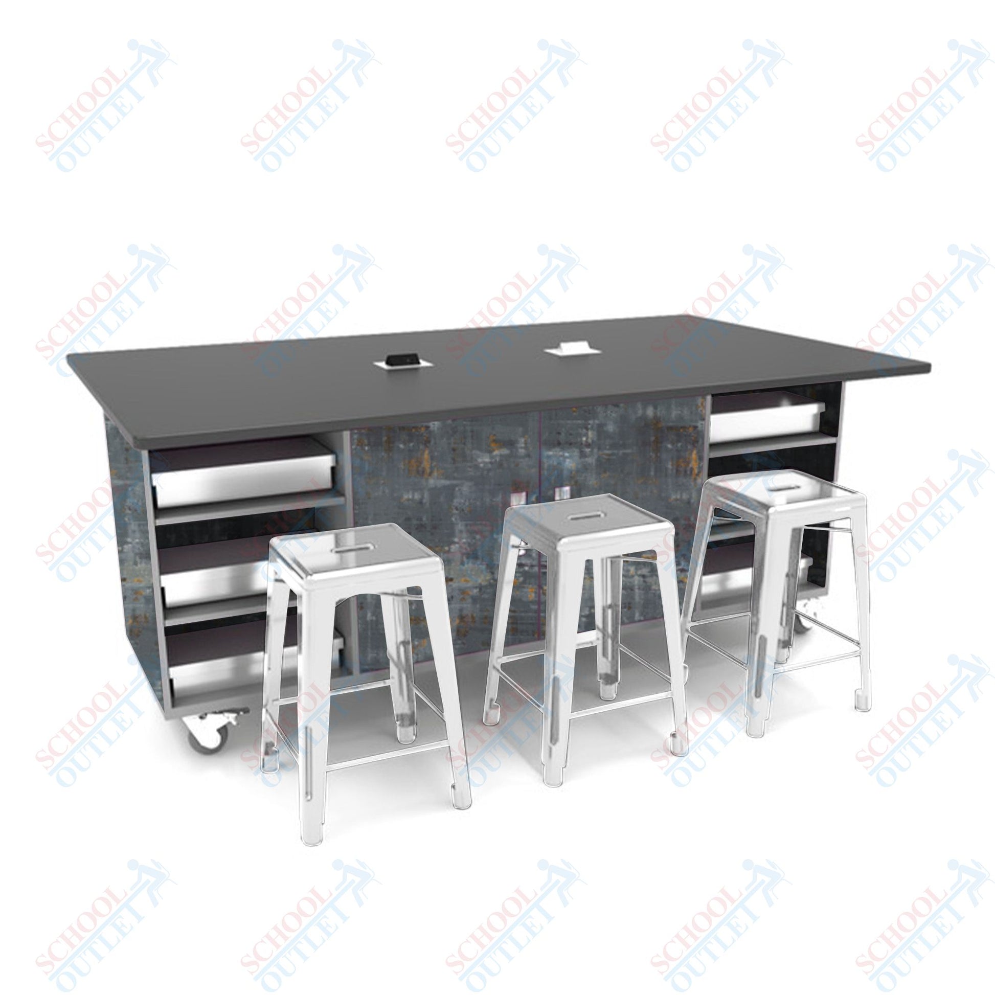 CEF ED Double Table 42"H Tough Top, Laminate Base with 6 Stools, Storage bins, and Electrical Outlets Included. - SchoolOutlet