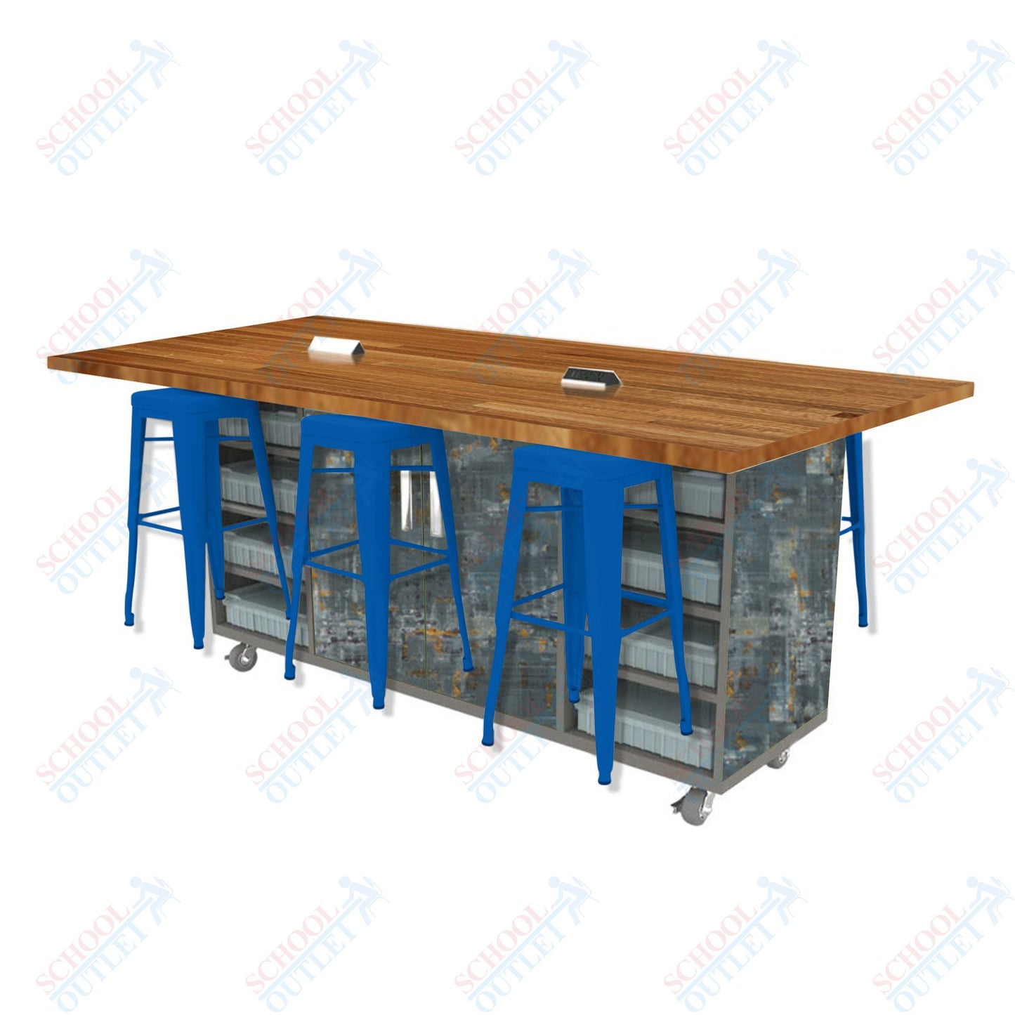 CEF ED Double Table 42"H Butcher Block Top, Laminate Base with  6 Stools, Storage bins, and Electrical Outlets Included.