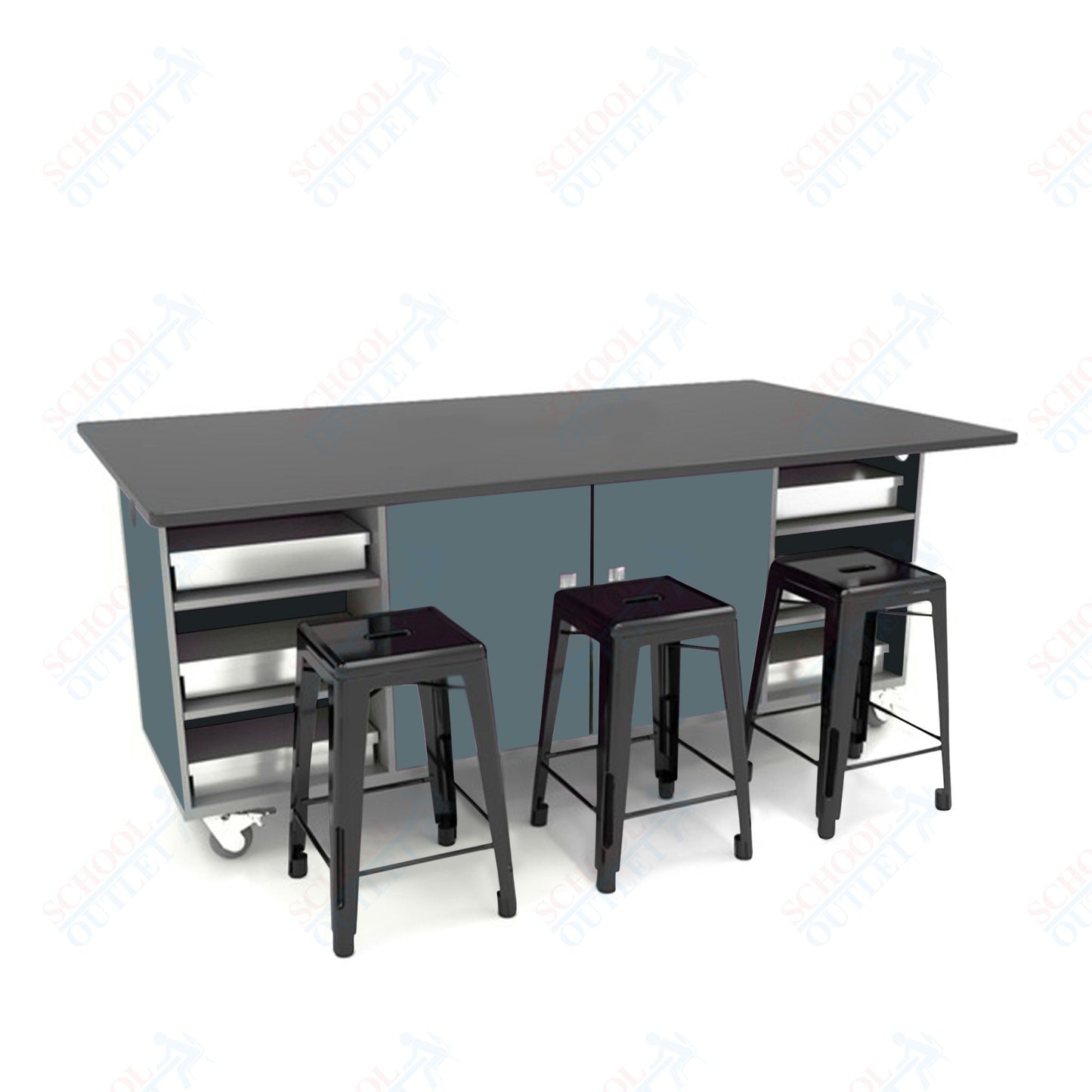 CEF ED Double Table 42"H Chemical Resistant Top, Laminate Base with  6 Stools, Storage bins, and Electrical Outlets Included.