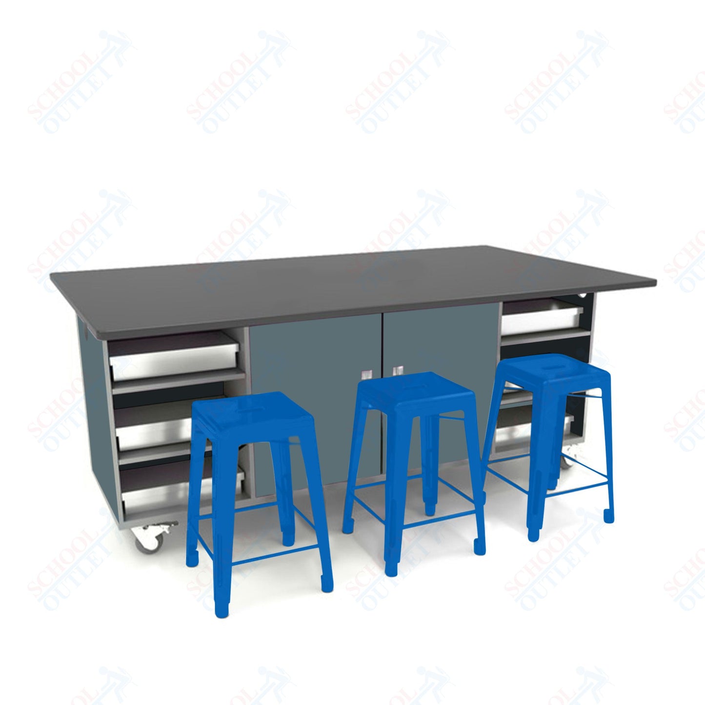 CEF ED Double Table 42"H Chemical Resistant Top, Laminate Base with  6 Stools, Storage bins, and Electrical Outlets Included.