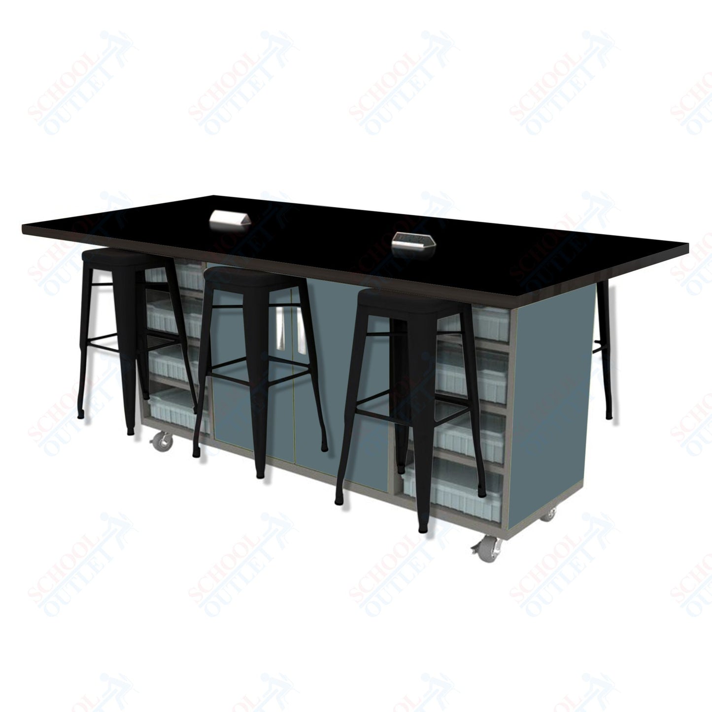 CEF ED Double Table 42"H High Pressure Laminate Top, Laminate Base with  6 Stools, Storage bins, and Electrical Outlets Included.