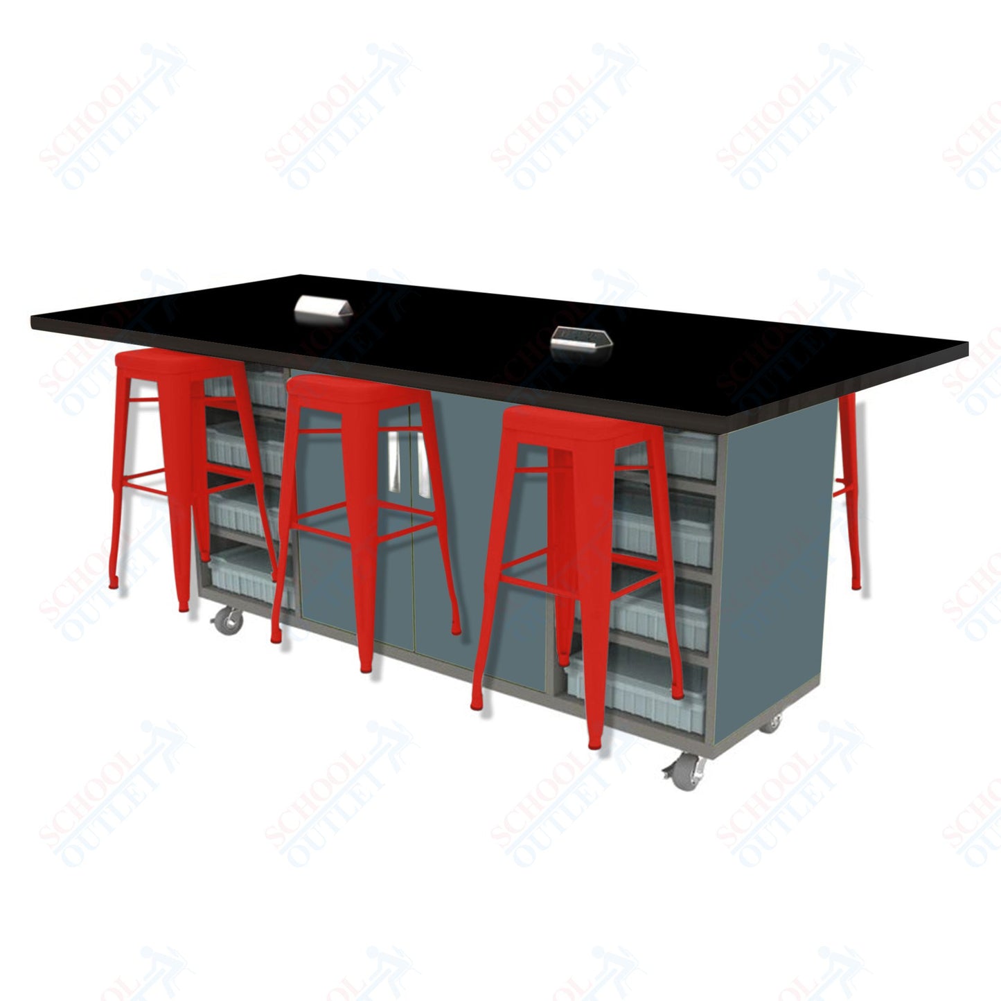 CEF ED Double Table 42"H High Pressure Laminate Top, Laminate Base with  6 Stools, Storage bins, and Electrical Outlets Included.