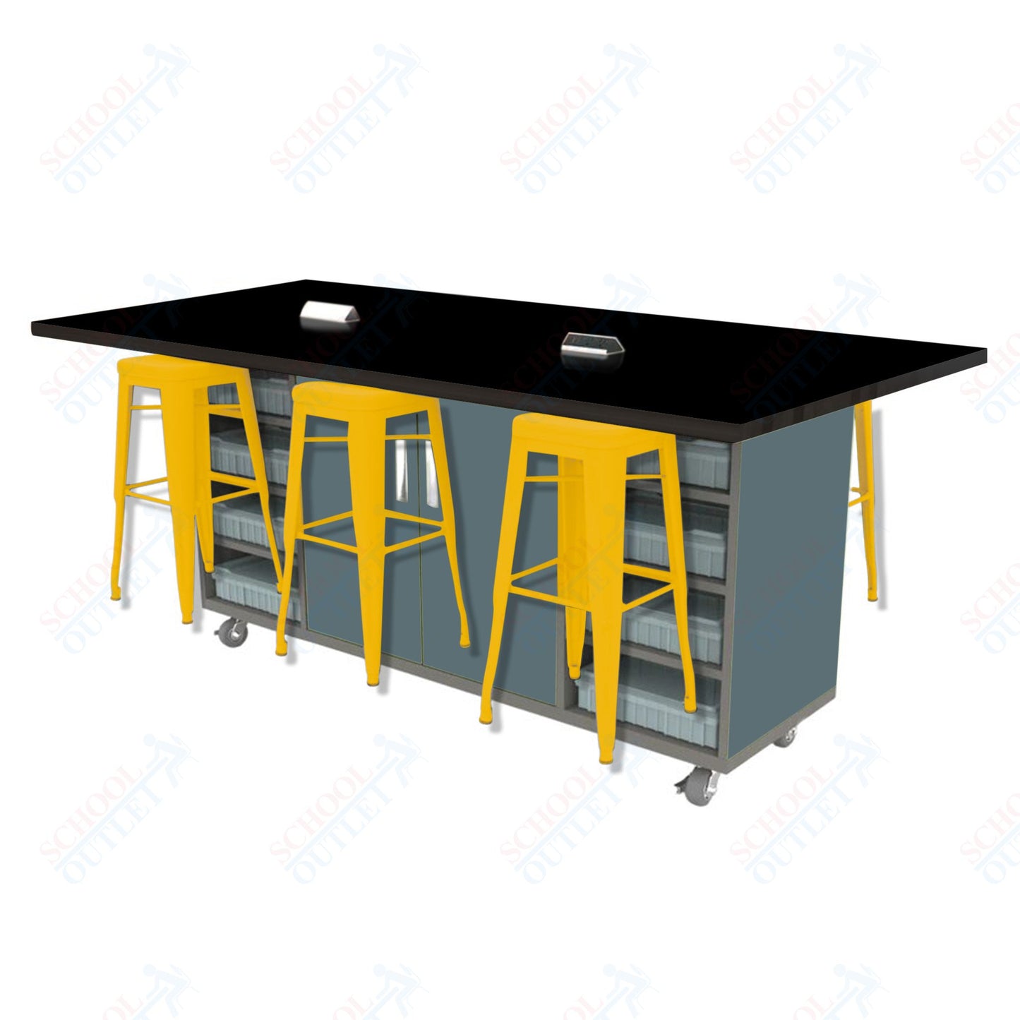 CEF ED Double Table 42"H High Pressure Laminate Top, Laminate Base with  6 Stools, Storage bins, and Electrical Outlets Included.