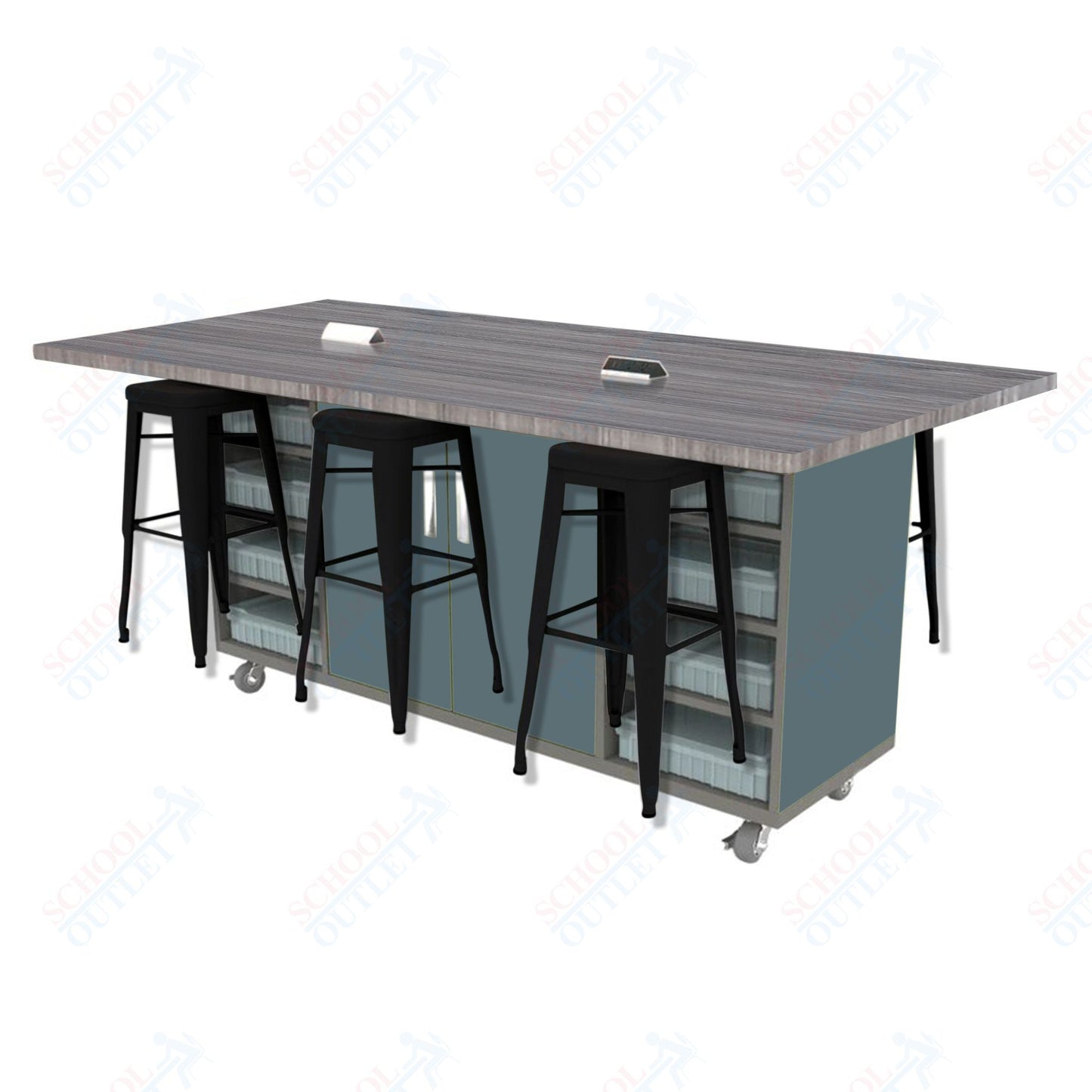 CEF ED Double Table 42"H High Pressure Laminate Top, Laminate Base with  6 Stools, Storage bins, and Electrical Outlets Included.