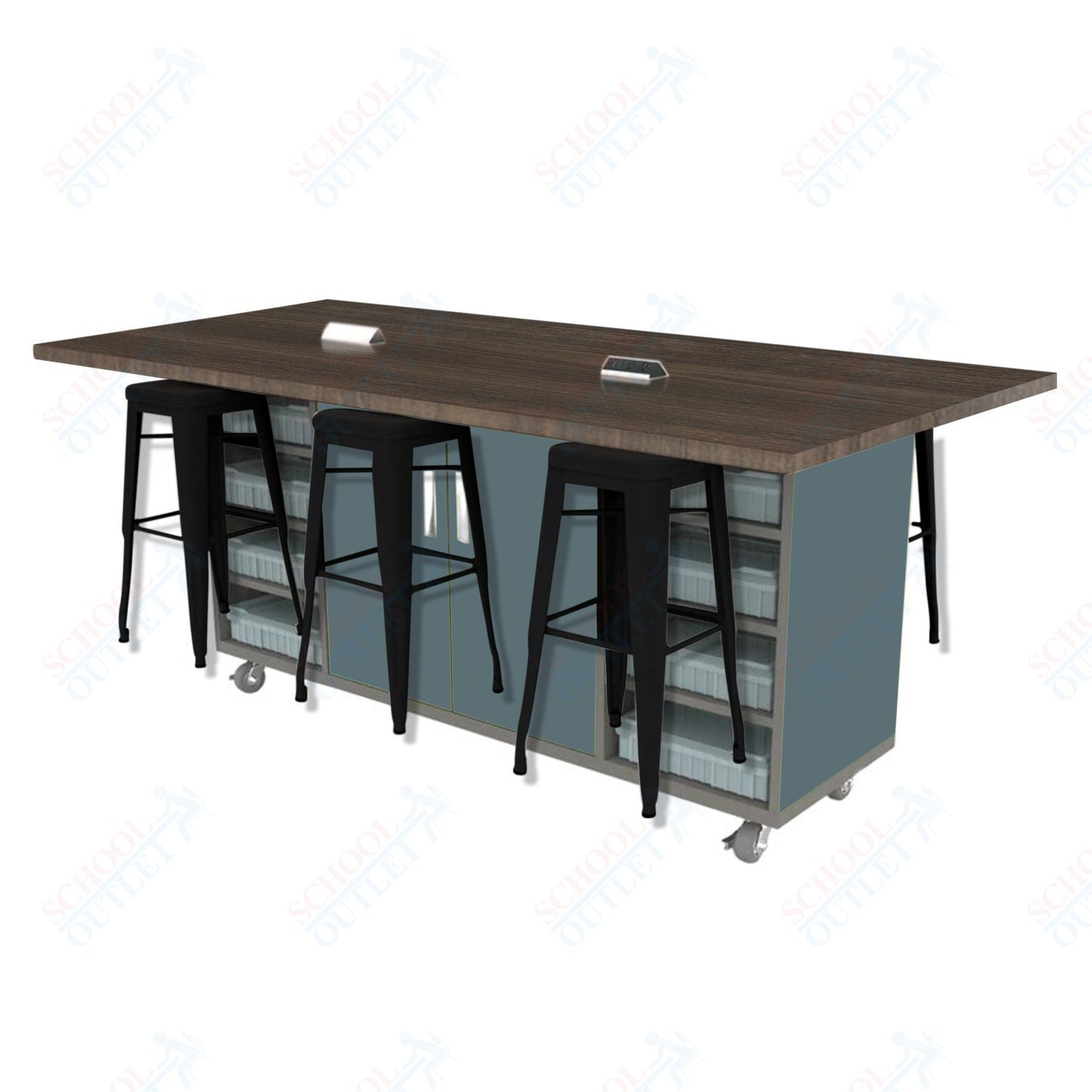 CEF ED Double Table 42"H High Pressure Laminate Top, Laminate Base with  6 Stools, Storage bins, and Electrical Outlets Included.