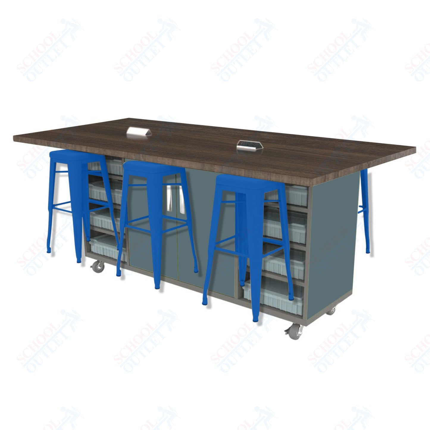 CEF ED Double Table 42"H High Pressure Laminate Top, Laminate Base with  6 Stools, Storage bins, and Electrical Outlets Included.