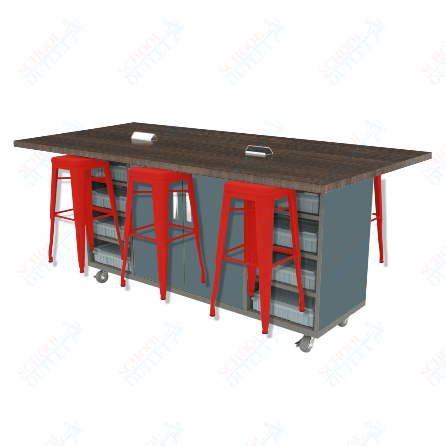 CEF ED Double Table 42"H High Pressure Laminate Top, Laminate Base with  6 Stools, Storage bins, and Electrical Outlets Included.