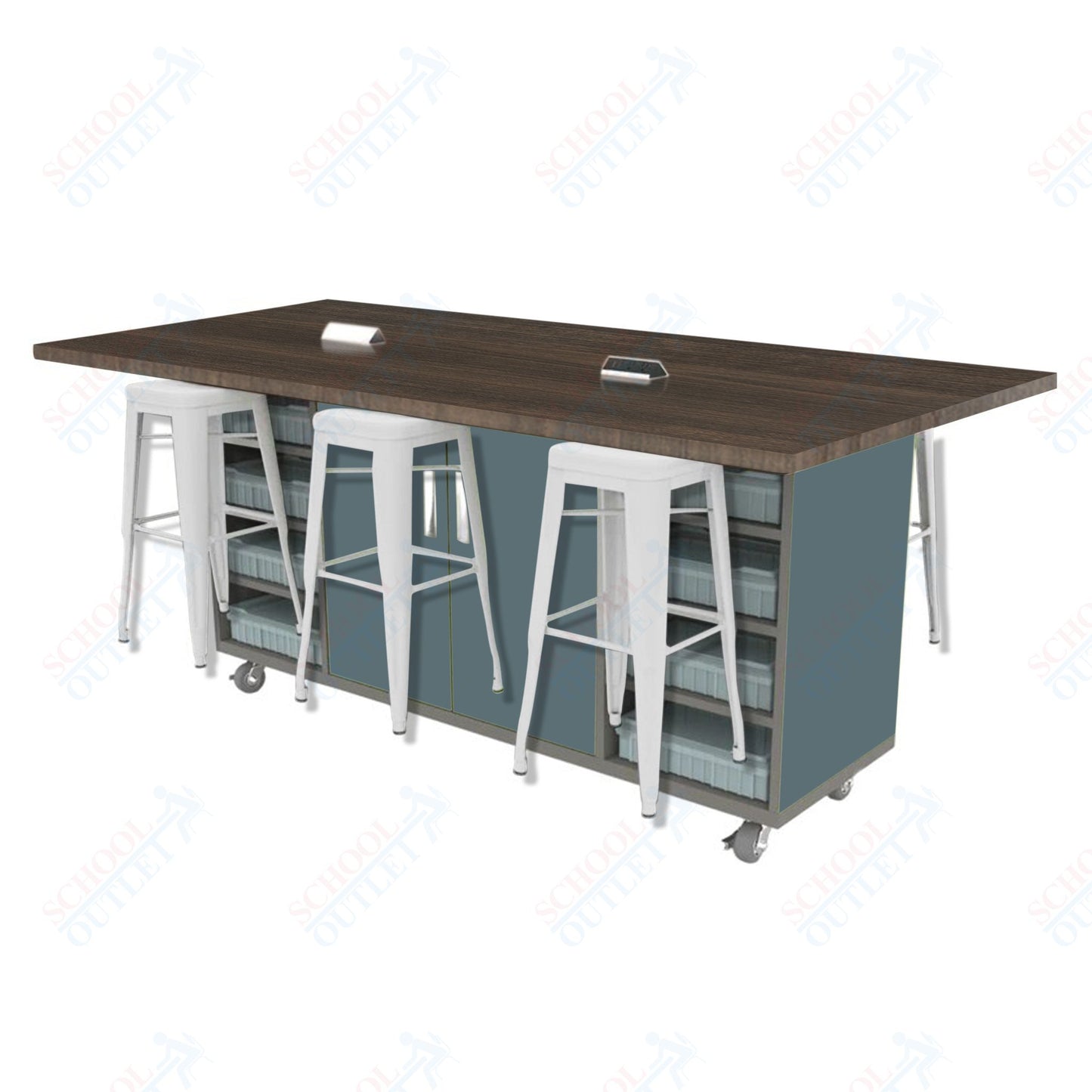 CEF ED Double Table 42"H High Pressure Laminate Top, Laminate Base with  6 Stools, Storage bins, and Electrical Outlets Included.