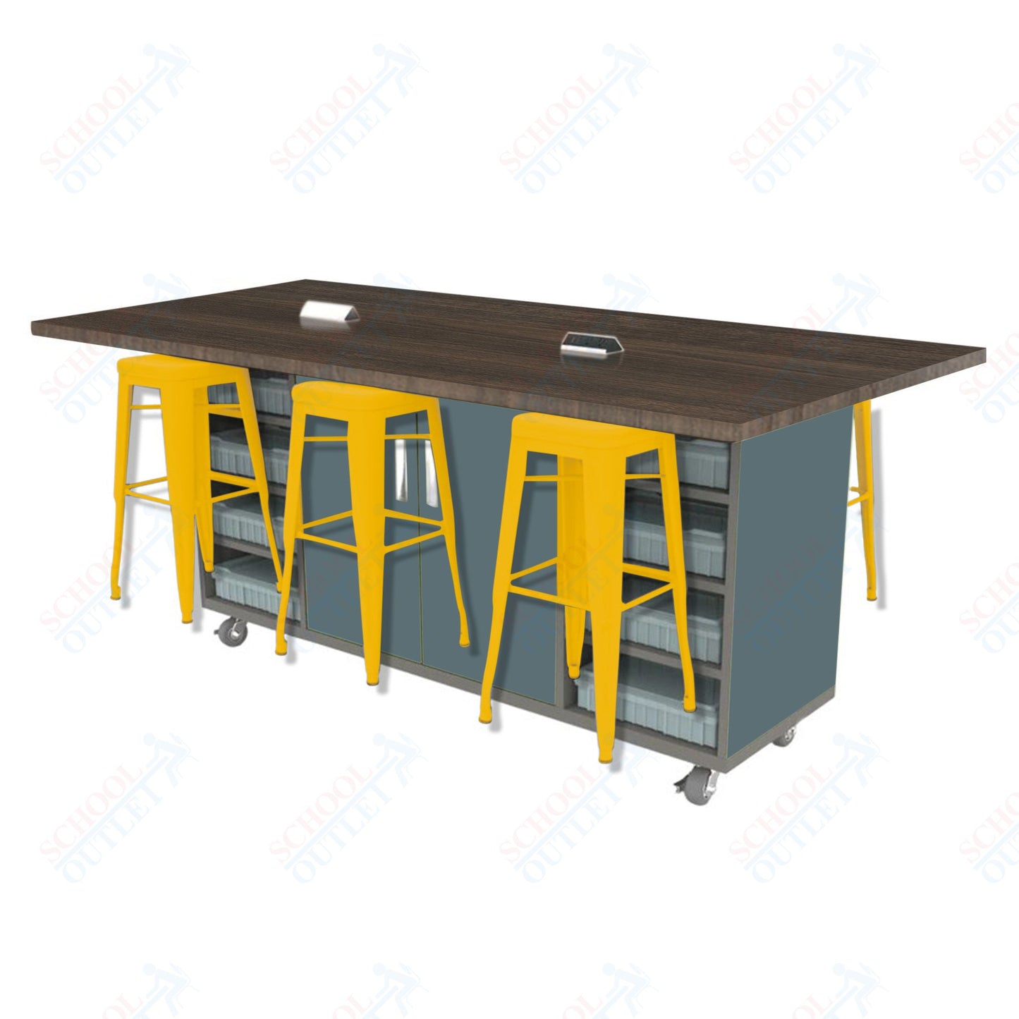 CEF ED Double Table 42"H High Pressure Laminate Top, Laminate Base with  6 Stools, Storage bins, and Electrical Outlets Included.