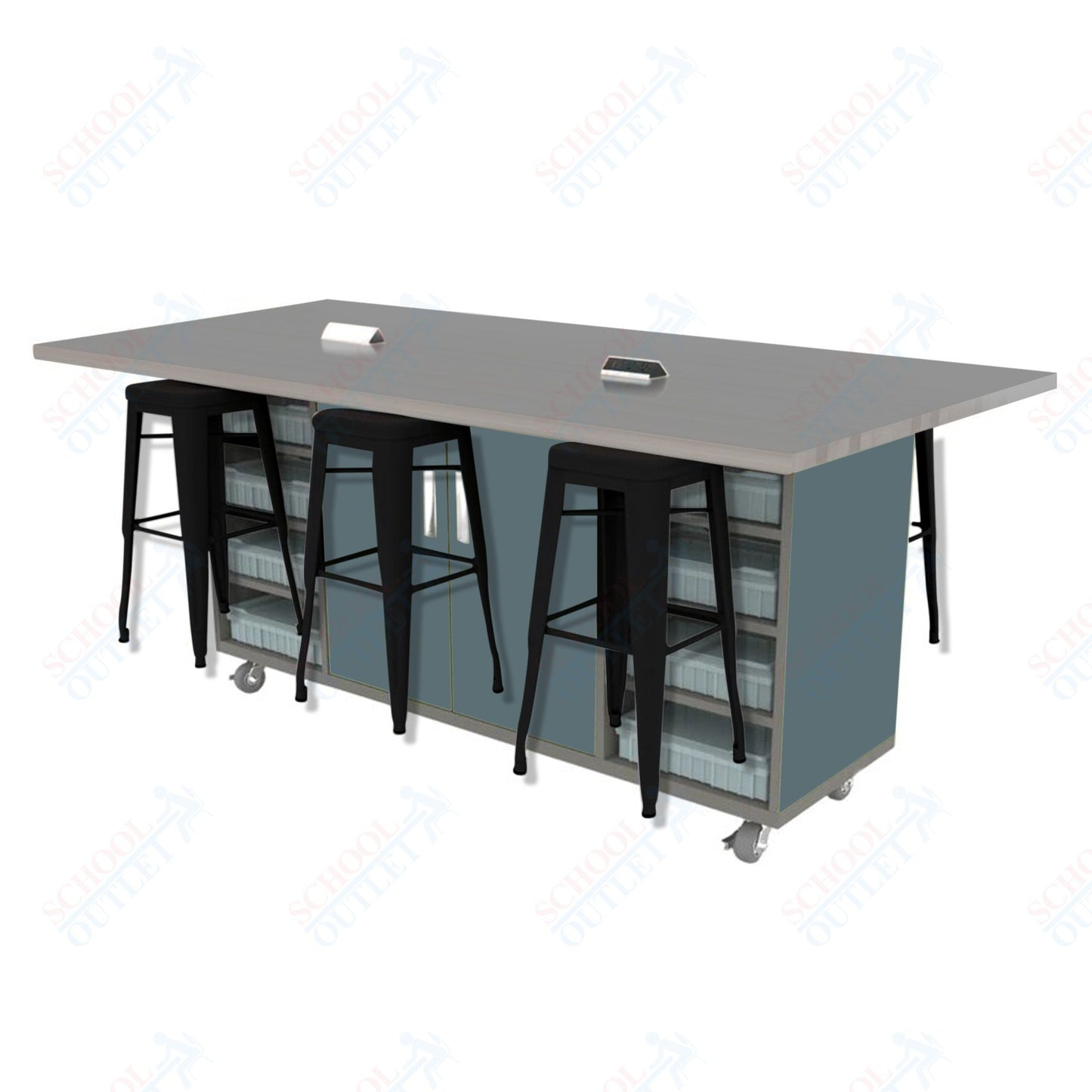 CEF ED Double Table 42"H High Pressure Laminate Top, Laminate Base with  6 Stools, Storage bins, and Electrical Outlets Included.