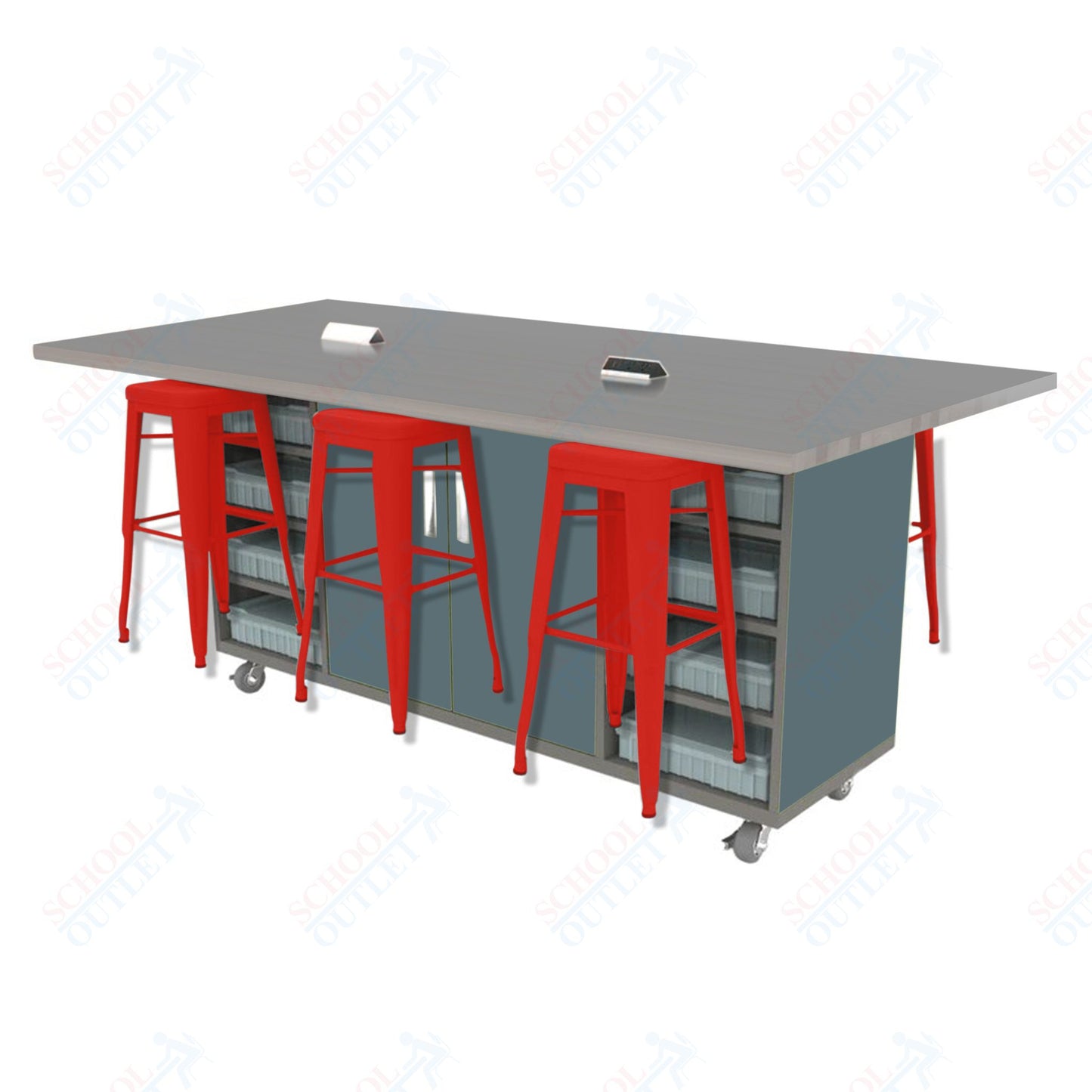 CEF ED Double Table 42"H High Pressure Laminate Top, Laminate Base with  6 Stools, Storage bins, and Electrical Outlets Included.