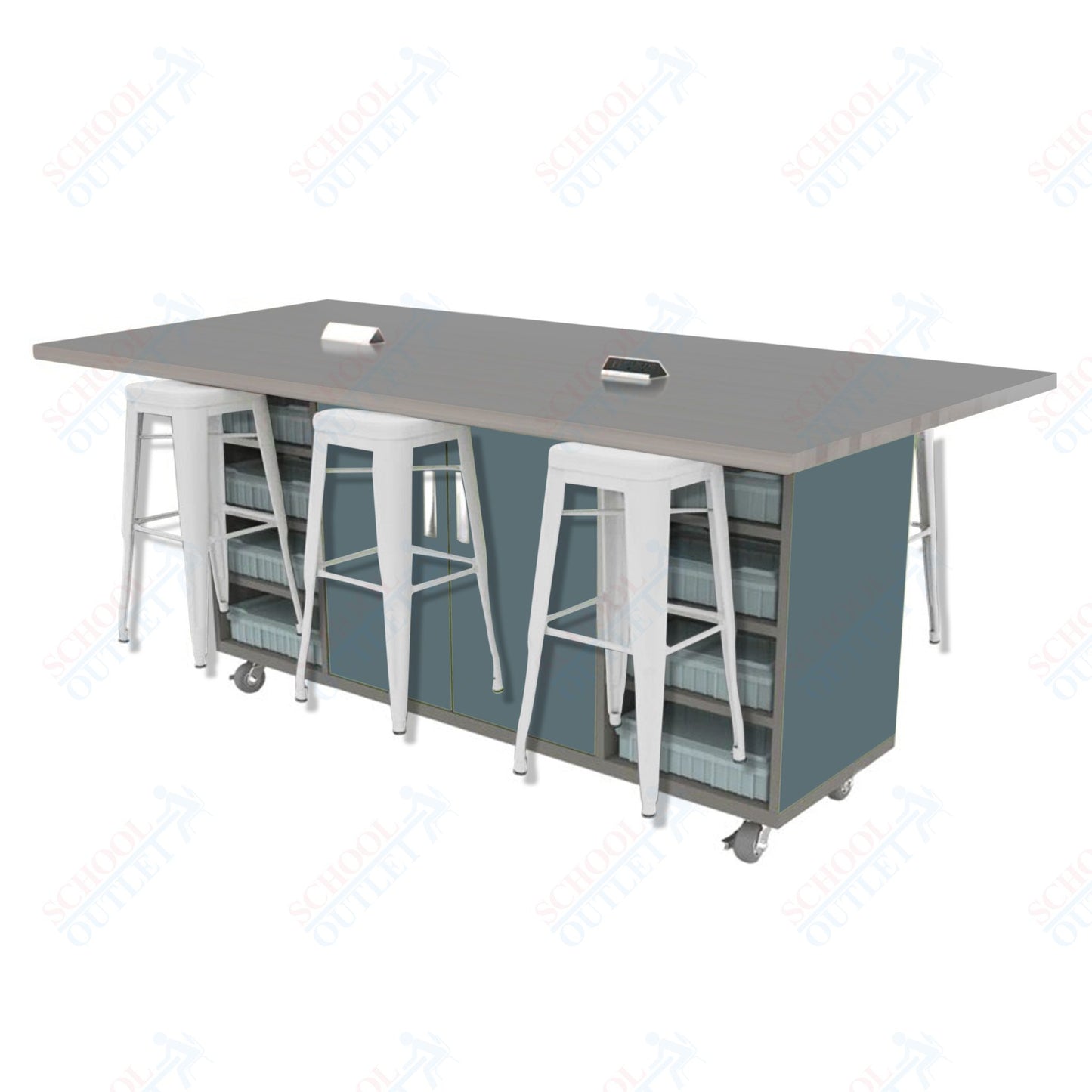 CEF ED Double Table 42"H High Pressure Laminate Top, Laminate Base with  6 Stools, Storage bins, and Electrical Outlets Included.