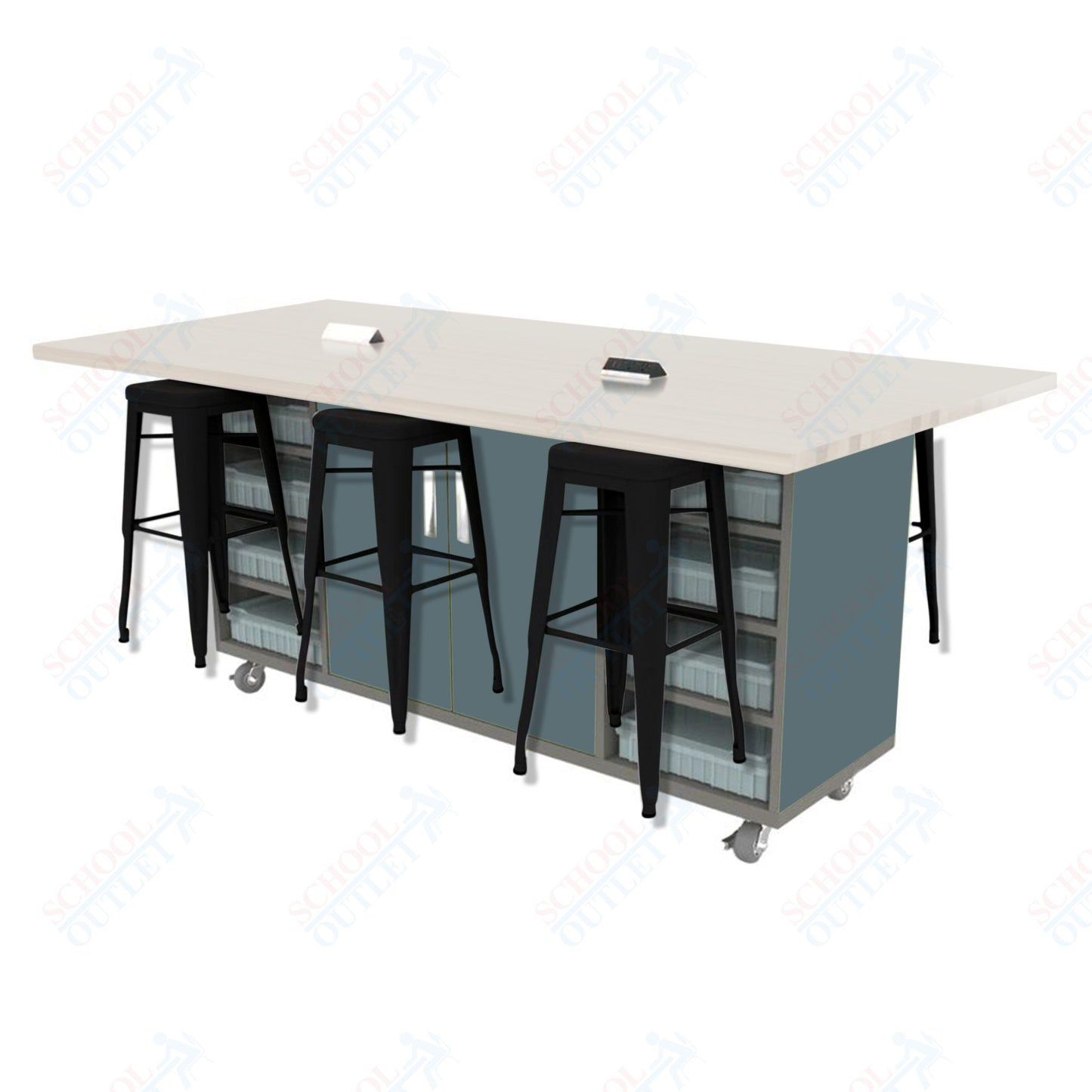 CEF ED Double Table 42"H High Pressure Laminate Top, Laminate Base with  6 Stools, Storage bins, and Electrical Outlets Included.