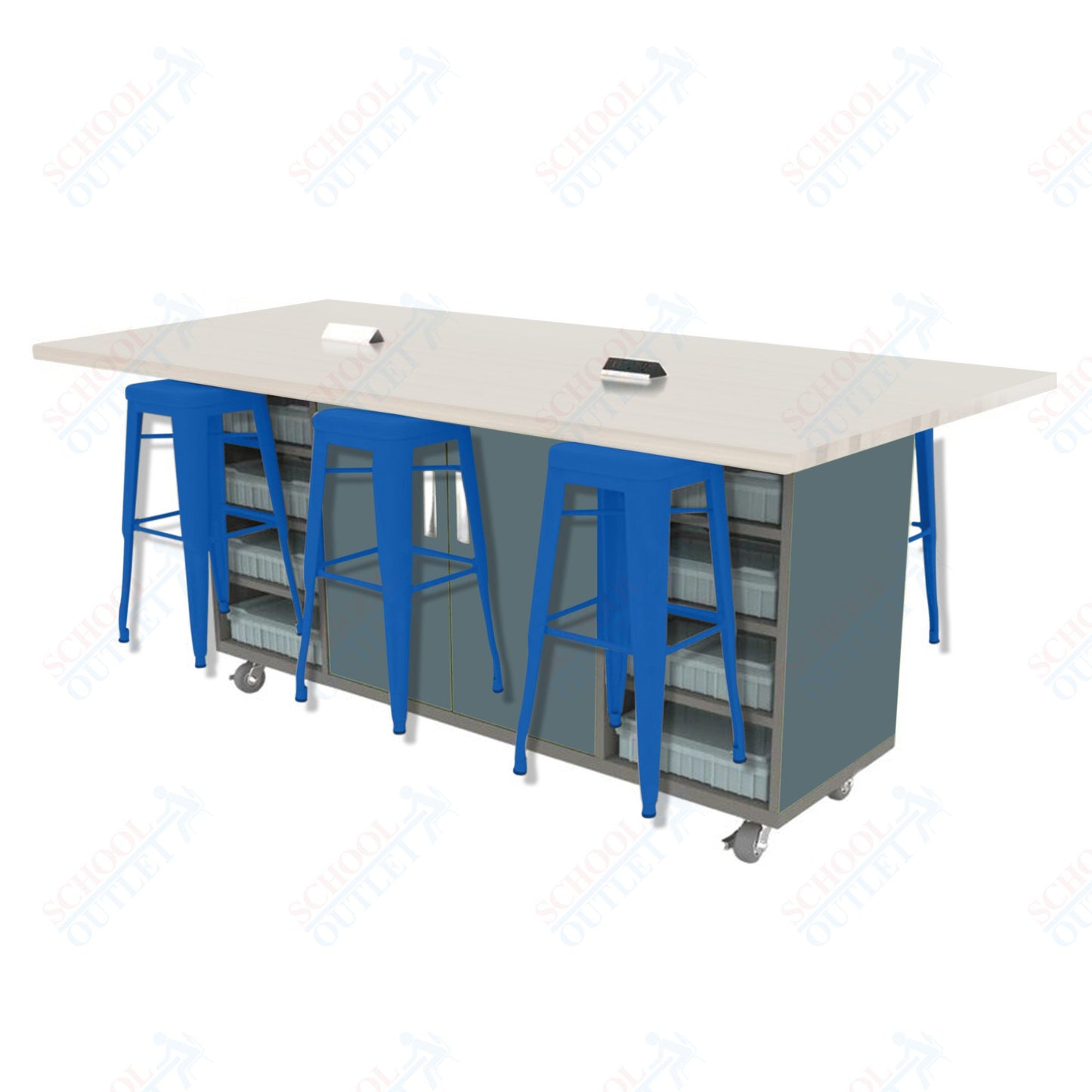 CEF ED Double Table 42"H High Pressure Laminate Top, Laminate Base with  6 Stools, Storage bins, and Electrical Outlets Included.