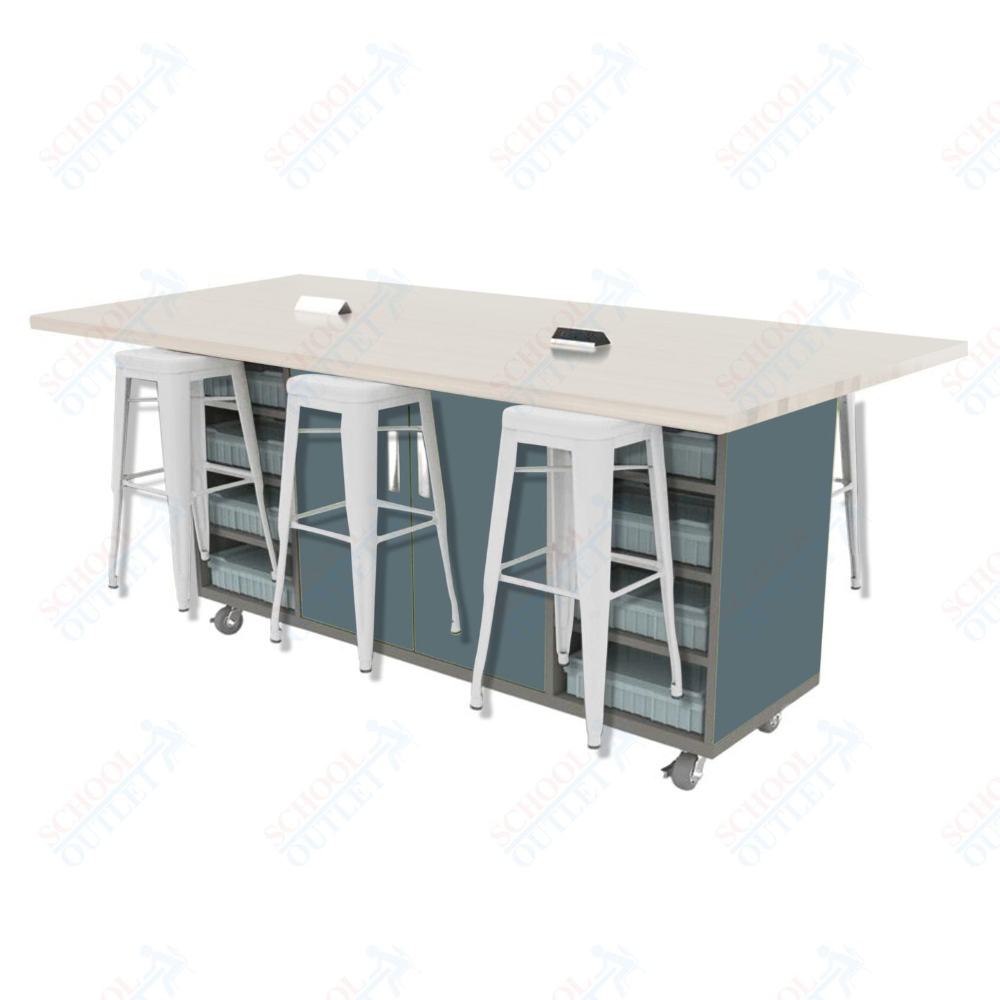 CEF ED Double Table 42"H High Pressure Laminate Top, Laminate Base with  6 Stools, Storage bins, and Electrical Outlets Included.