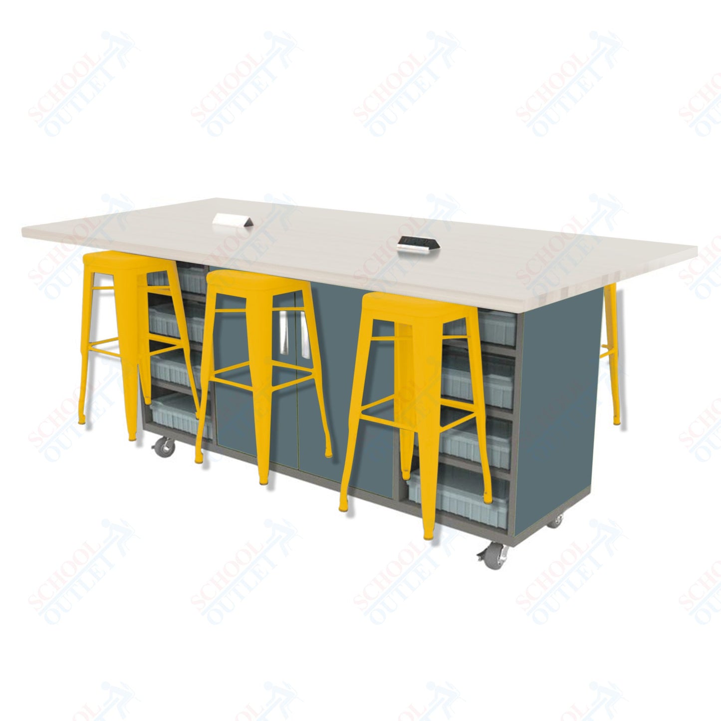 CEF ED Double Table 42"H High Pressure Laminate Top, Laminate Base with  6 Stools, Storage bins, and Electrical Outlets Included.