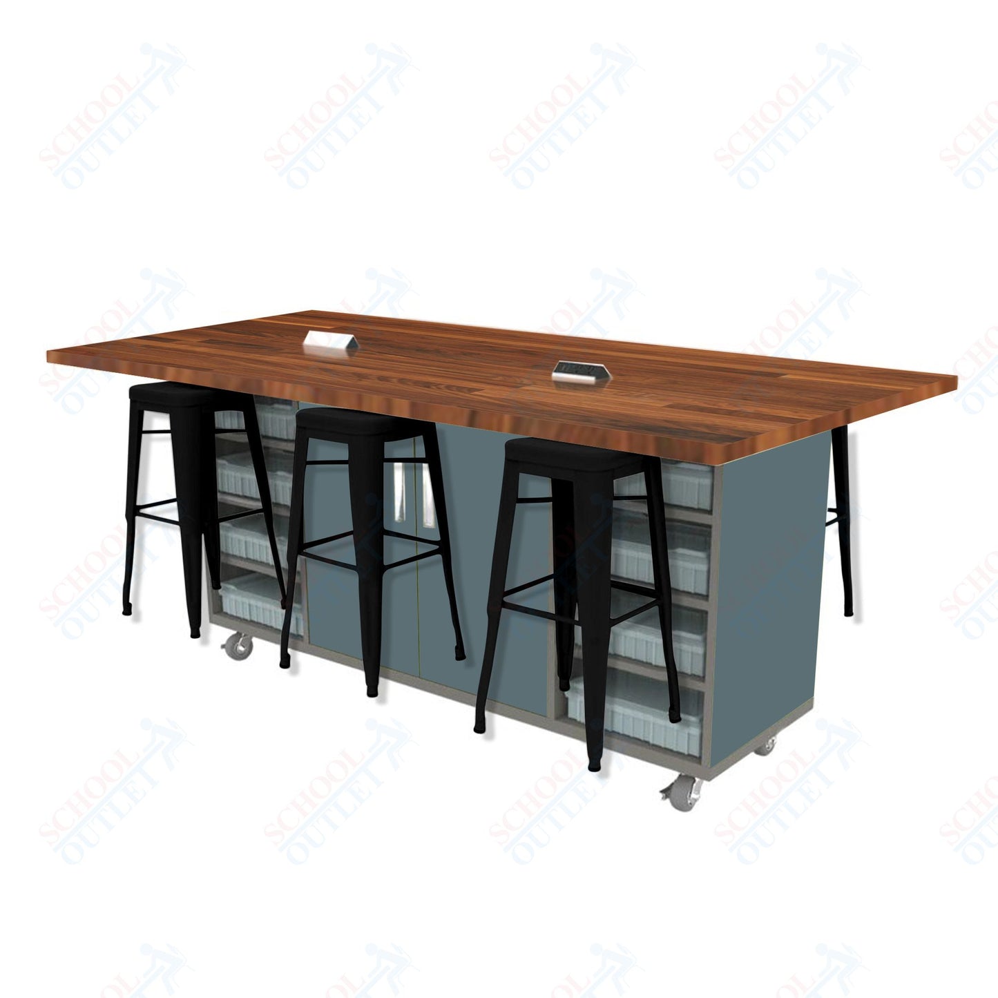 CEF ED Double Table 42"H Butcher Block Top, Laminate Base with  6 Stools, Storage bins, and Electrical Outlets Included.